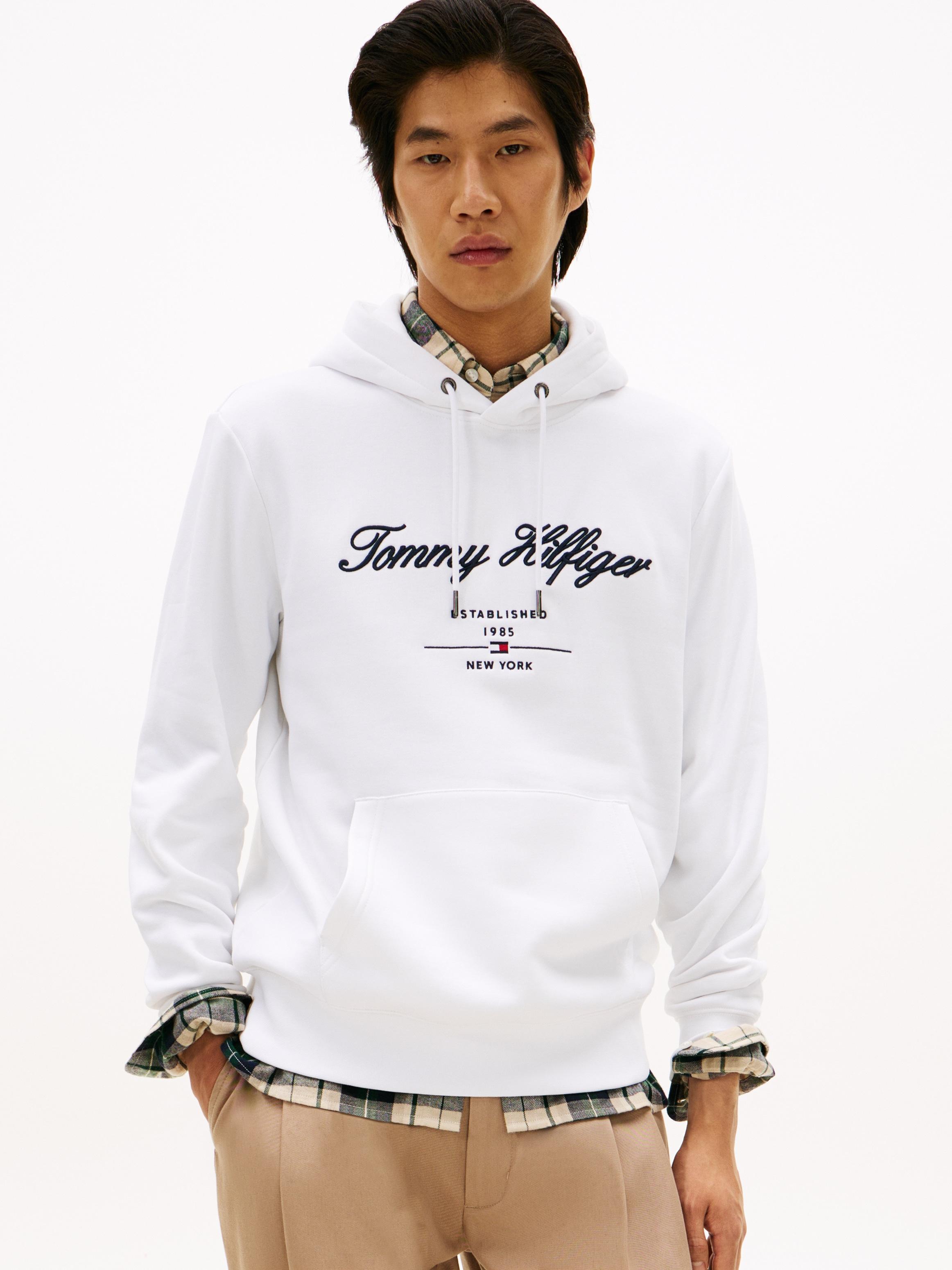 Hoodie Tommy Hilfiger "Script Logo Hoody", Herren, Gr. Xl, Weiß, Sweatware, Obermaterial: 63% Baumwolle, 37% Polyester, Regular Fit HüFtlang, RippbüNdchen, Sweatshirts Hoodie, Mit Aufgesticktem Logo