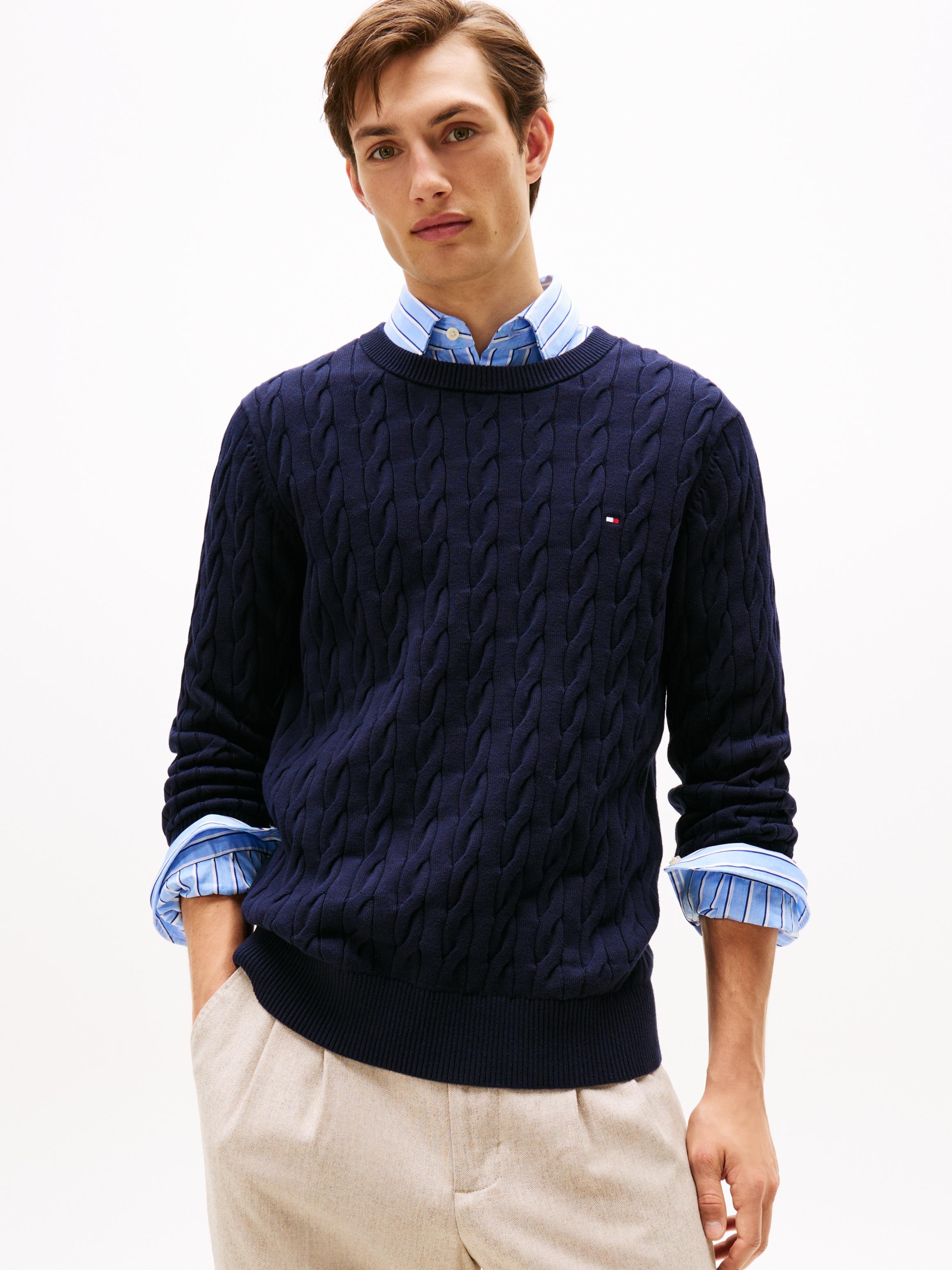 Strickpullover Tommy Hilfiger "Classic Cable Crew Neck Mit Strukturstrick Und Flaglabel", Herren, Gr. Xxl, Blau (Desert Sky), Obermaterial: 100% Baumwolle, Rundhals, BüNdchen, Pullover Strickpullover, Unifarben, Casual, Regular Fit, Baumwolle, Rundhals