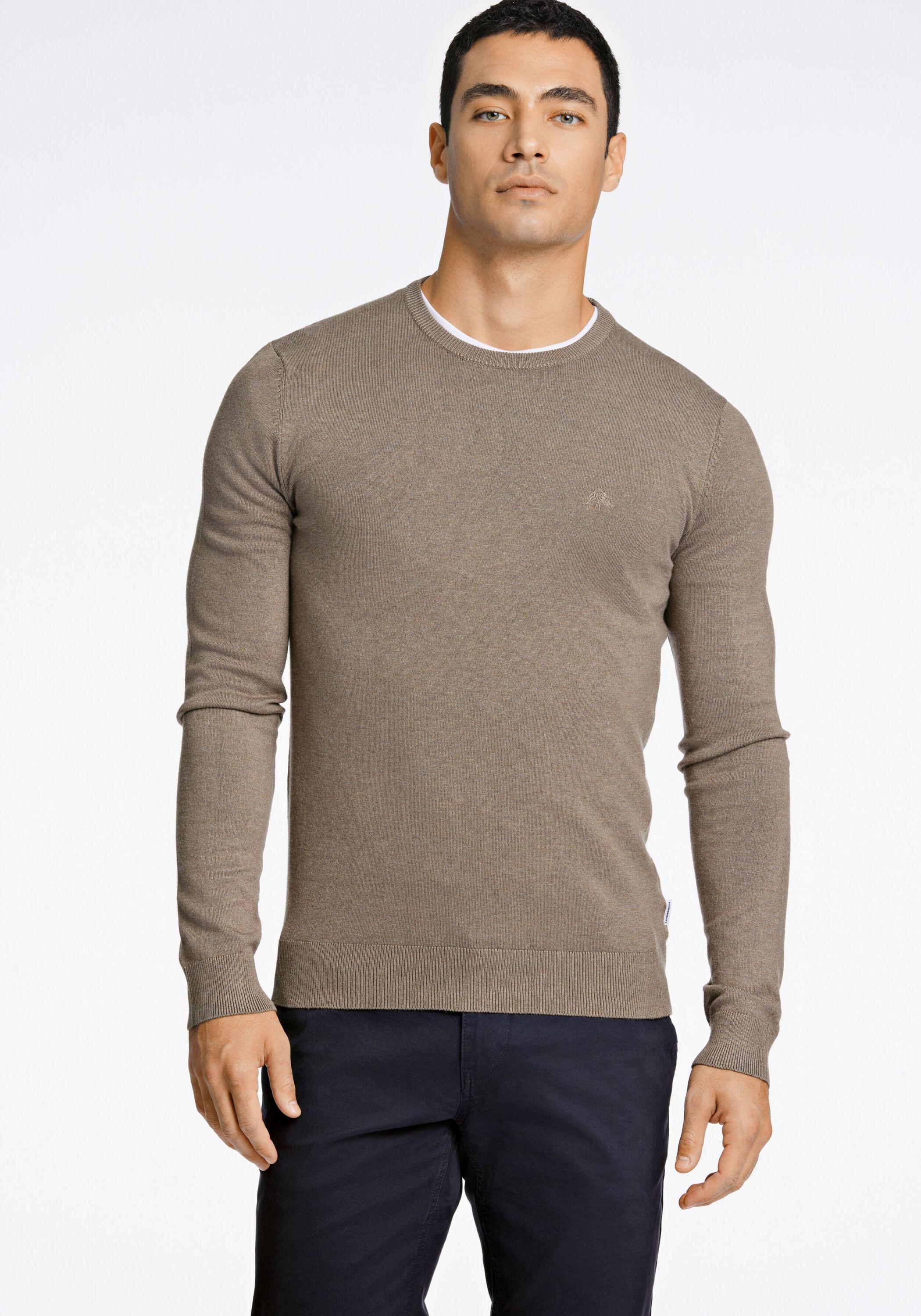 Strickpullover Lindbergh "Strickpullover Slim Fit", Herren, Gr. L, Beige (Dk Sand Mel), Obermaterial: 80% Viskose, 20% Nylon, Rundhals, Pullover Strickpullover