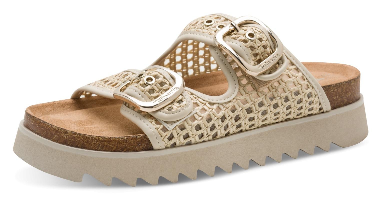 Pantolette Tamaris, Damen, Gr. 39, Beige (Creme), Bast, Lederimitat, Unifarben, Schuhe Pantolette, Sommerschuh, Schlupfschuh In Veganer Verarbeitung