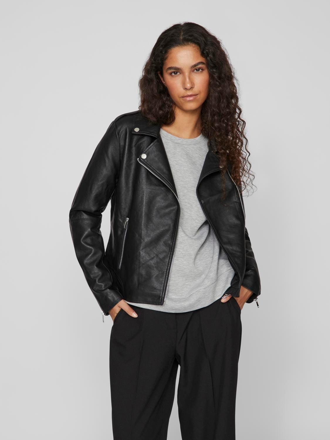 Lederimitatjacke VILA "VICARA COATED JACKET - NOOS", Damen, Gr. L, schwarz, Web, Obermaterial: 100% Viskose, unifarben, kurz, V-Ausschnitt, mit Reißverschluss, Jacken Lederimitatjacke, mit Biker Details