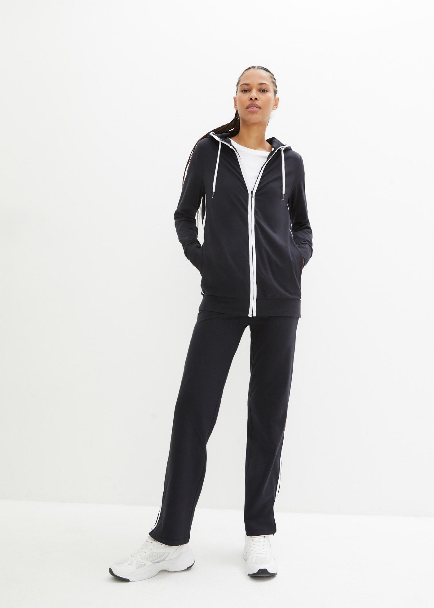 Jogginganzug BONPRIX, Damen, Gr. 44/46 (L), schwarz, Obermaterial: 95% Baumwolle, 5% Elasthan, bequem, Sportanzüge Jogginganzug, zweiteiliges Set aus Sweatjacke und Jogginghose, mit langem Arm