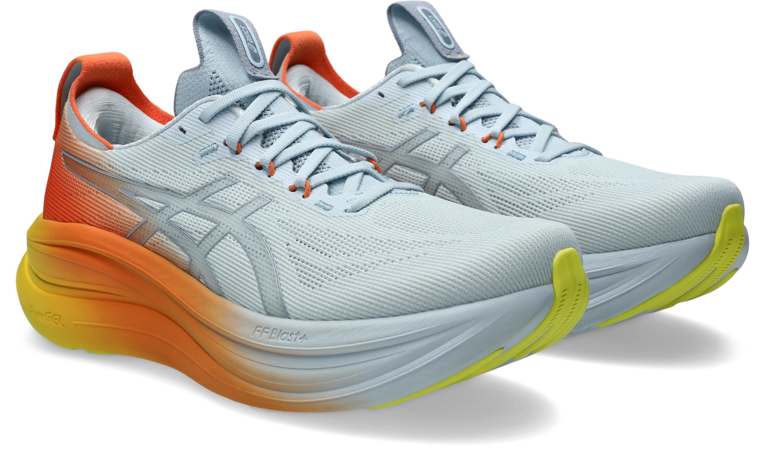 Laufschuh Asics "GEL-NIMBUS 28", Herren, Gr. 49, Sky, Sun Peach, Synthetik, Schuhe Laufschuh, Sportlicher Stil, Leicht Profiliertes Laufsohlenprofil