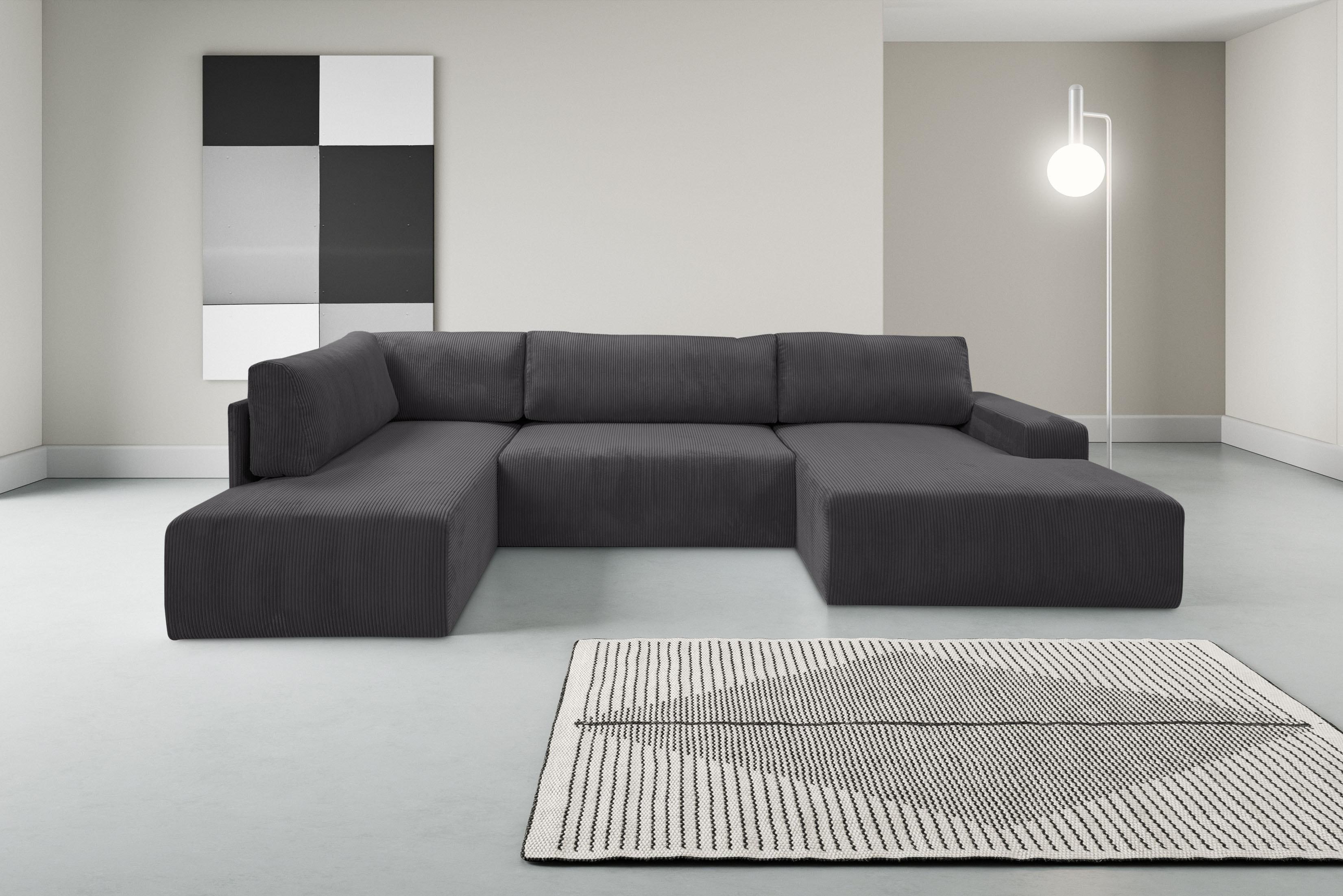 Wohnlandschaft WERK2 "Rotterdam, U-Form, in kuschelweichem Cord oder Breitcord. Breite 329cm", grau (anthrazit), B:325cm H:85cm T:190cm, 90% Polyester, 10% Nylon, Sofas, Wohnlandschaft, Design Sofa mit Schlaffunktion & Bettkasten, Cord, Anthrazit