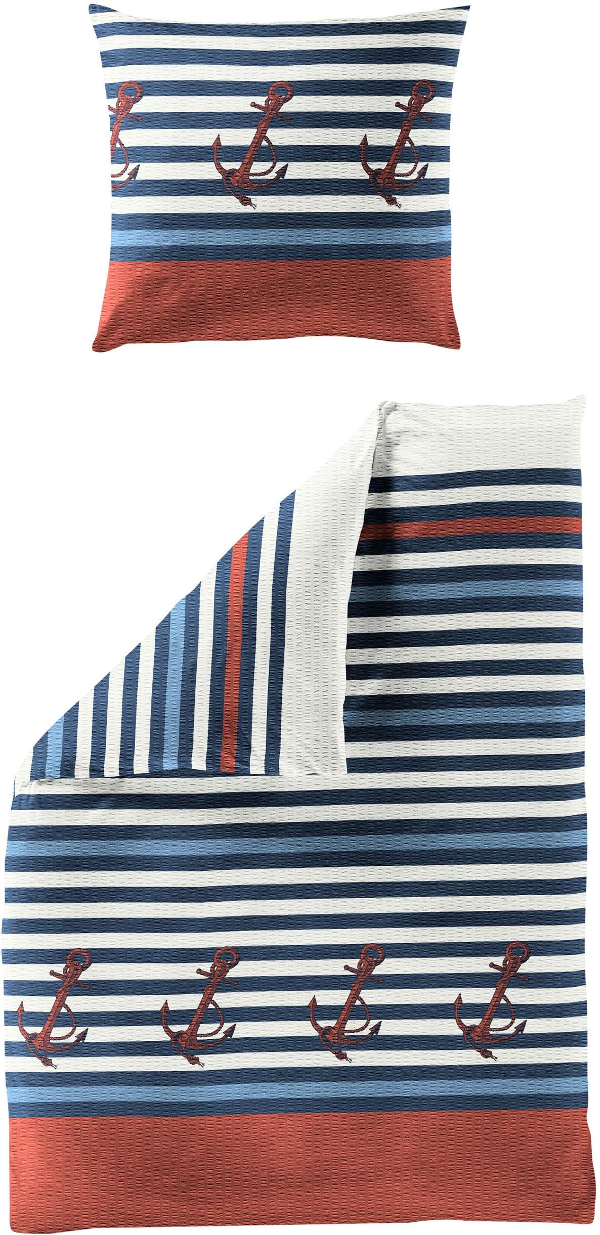 Bettwäsche BIERBAUM "Bettwäsche 3704", blau, B/L: 135cm x 200cm, 1 Stk., 1 Stk., Seersucker, B/L: 80cm x 80cm, 2, Seersucker, Obermaterial: 100% Baumwolle, Bettwäsche, Bettwäsche, Seersucker, 100 % Baumwolle, pflegeleicht, bügelfrei, kühlend