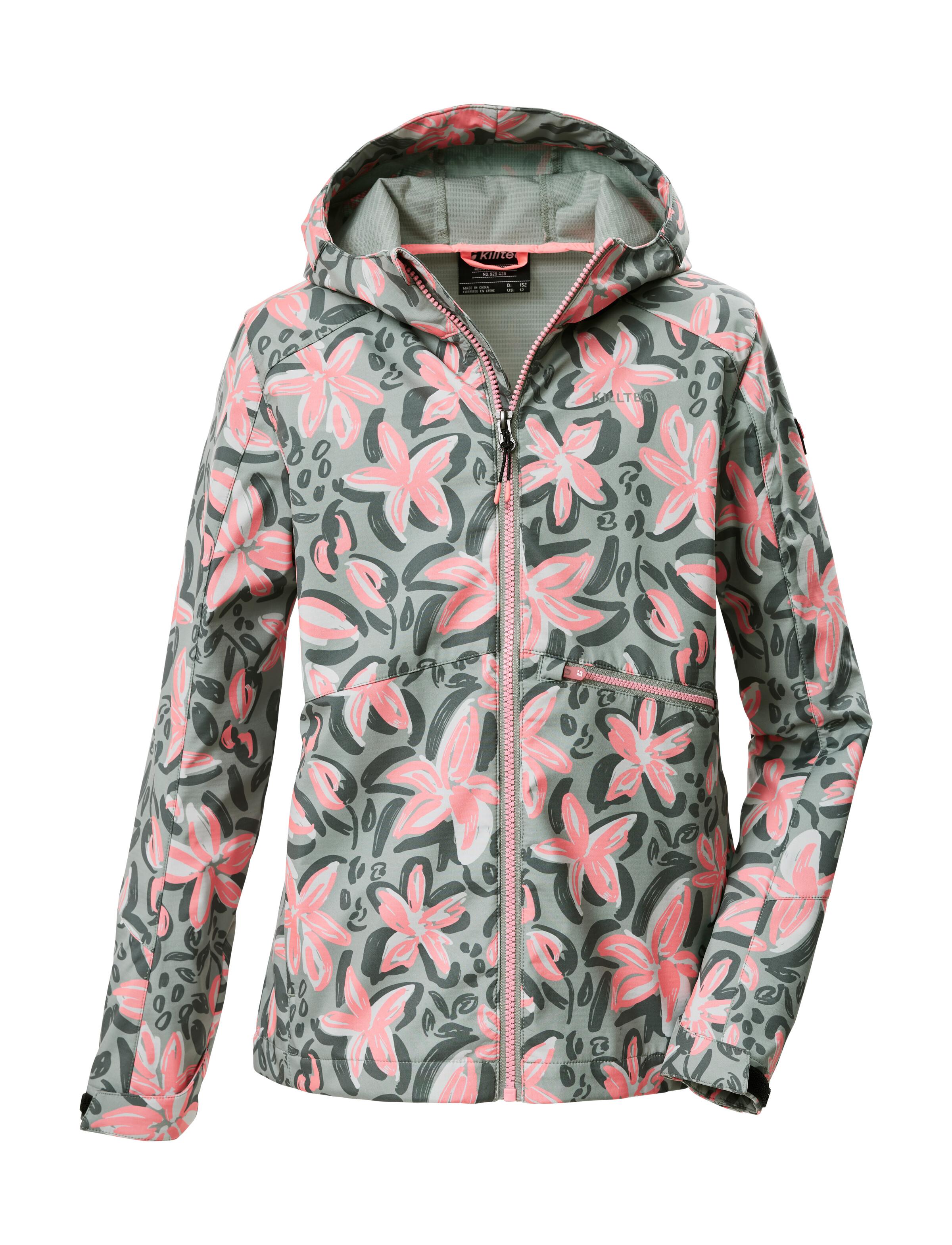 Softshelljacke KILLTEC "KOS 154 GRLS SFTSHLL JCKT", Mädchen, Gr. 116, hellgrün, Oberseite: 100% Polyester;Rückseite: 100% Polyester;Futter: 100% Polyester, Jacken Softshelljacke, Wind- und wasserabweisende Kinderjacke mit buntem Print