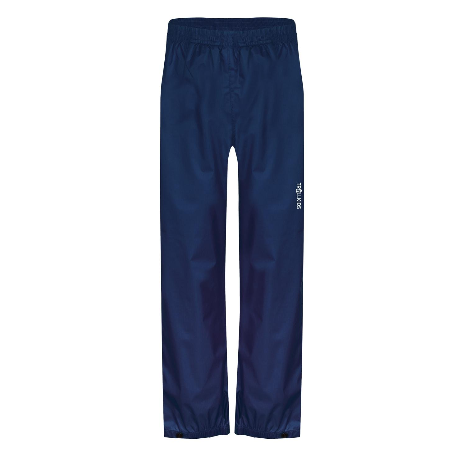 Regenhose TROLLKIDS "KIDS TROLLTUNGA PANTS", Kinder, Gr. 104, N-Gr, blau (navy), Web, Obermaterial: 100% Polyamid, unifarben, Basic lang, Hosen Regenhose, wasserdichtes Material, mit Mesh-Tasche innen, mit Druckknopf