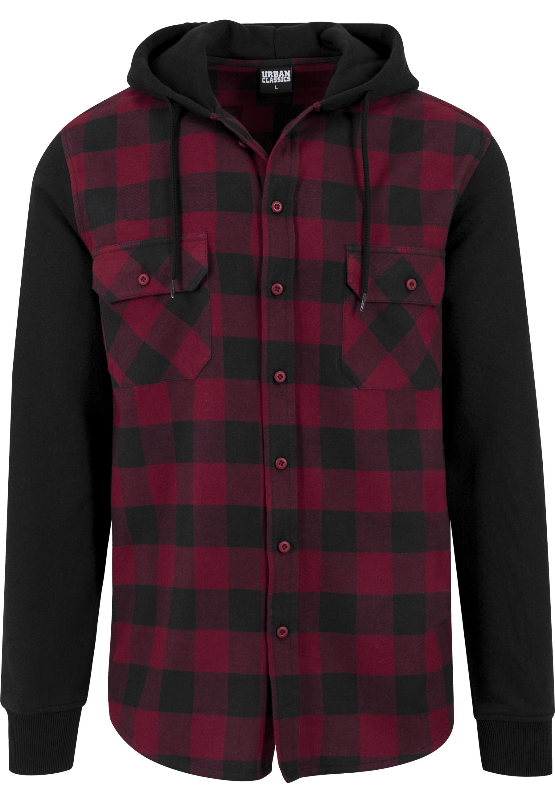 Langarm-Poloshirt Urban Classics "Urban Classics Herren Hooded Checked Flanell Sweat Sleeve Shirt", Herren, Gr. Xxl, Blk, Burgundy, Blk, 100% Baumwolle, Kariert, Normal, Ohne Ausschnitt, Shirts