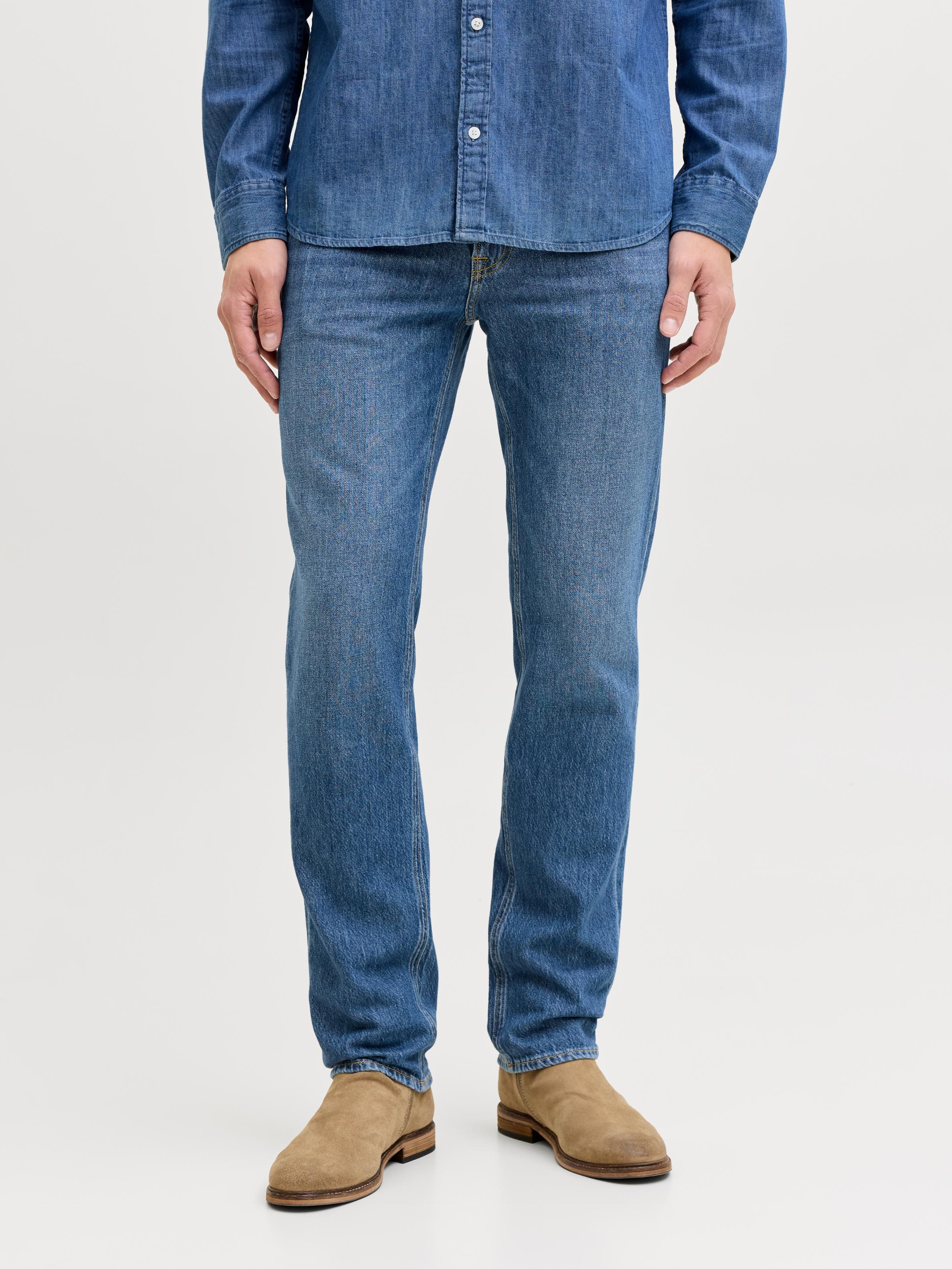 Regular-Fit-Jeans Jack & Jones "Jjiclark Im Used-Look, Stretchkomfort Und Niedrige LeibhöHe", Herren, Gr. 36, LäNge 32, Blau (Mid Blau Denim), Denim/Jeans, Obermaterial: 100% Baumwolle, Abriebeffekte, Regular Fit Lang, Jeans, Baumwollmischung, Regular Fit
