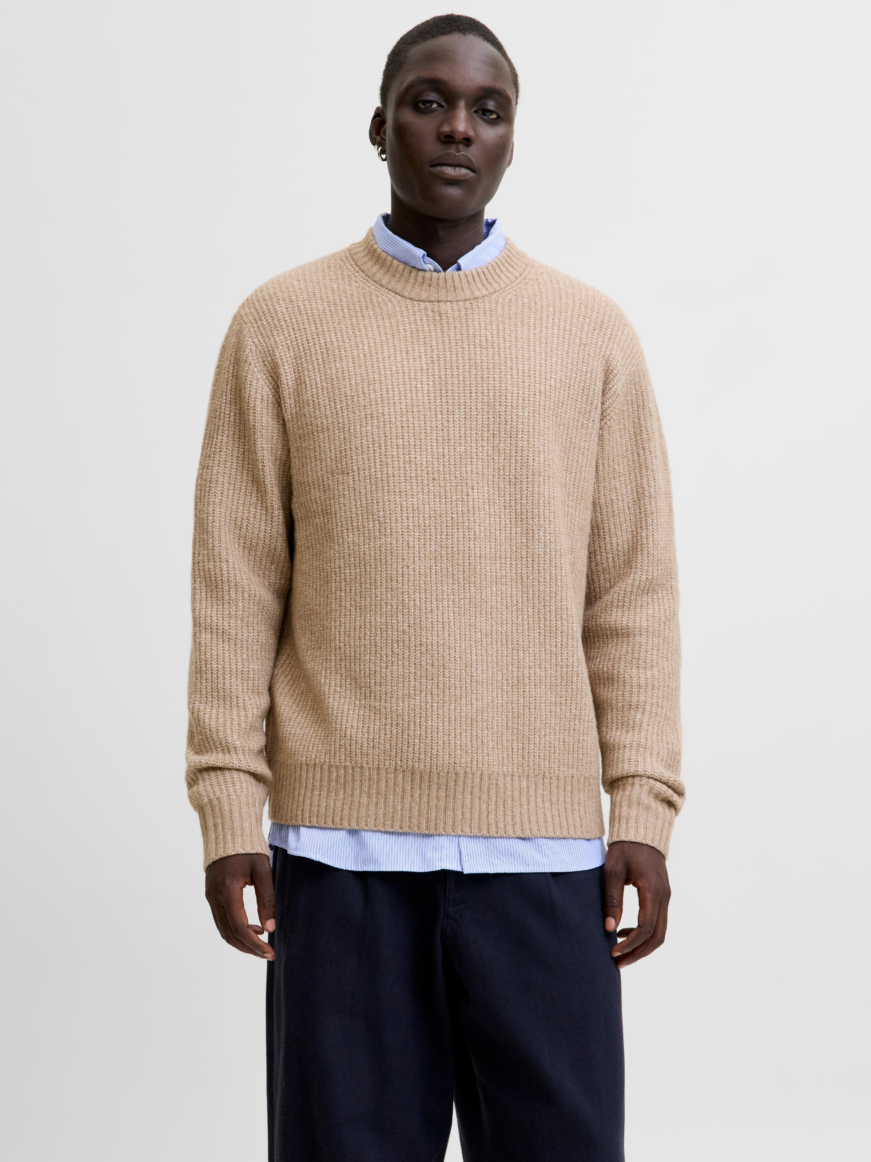 Strickpullover Jack & Jones "Joryork Ollie Knit Crew Neck", Herren, Gr. Xl, Mocha Meringue, Strick, Obermaterial: 51% Polyester, 41% Polyacryl, 5% Wolle, 3% Elasthan, Unifarben, Relaxed Fit Normal, Rundhals, RippbüNdchen, Pullover Strickpullover