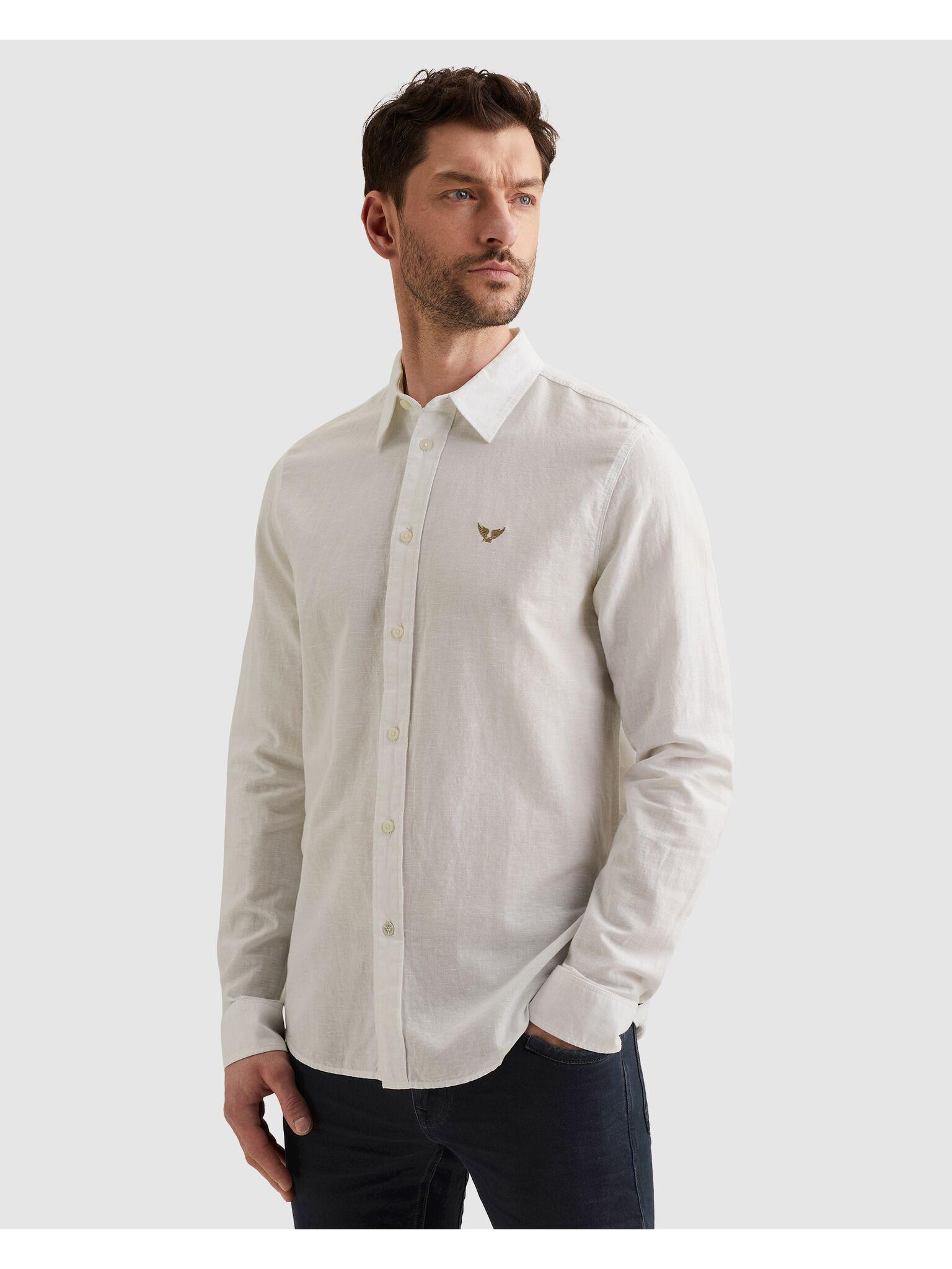 Langarmhemd PME Legend, Herren, Gr. Xl, N-Gr, Hellweiß, Web, Obermaterial: 65% Baumwolle, 35% Leinen, Unifarben, Regular Fit Normal, Ohne Ausschnitt, Manschette, Hemden, Mit Logo Stickerei
