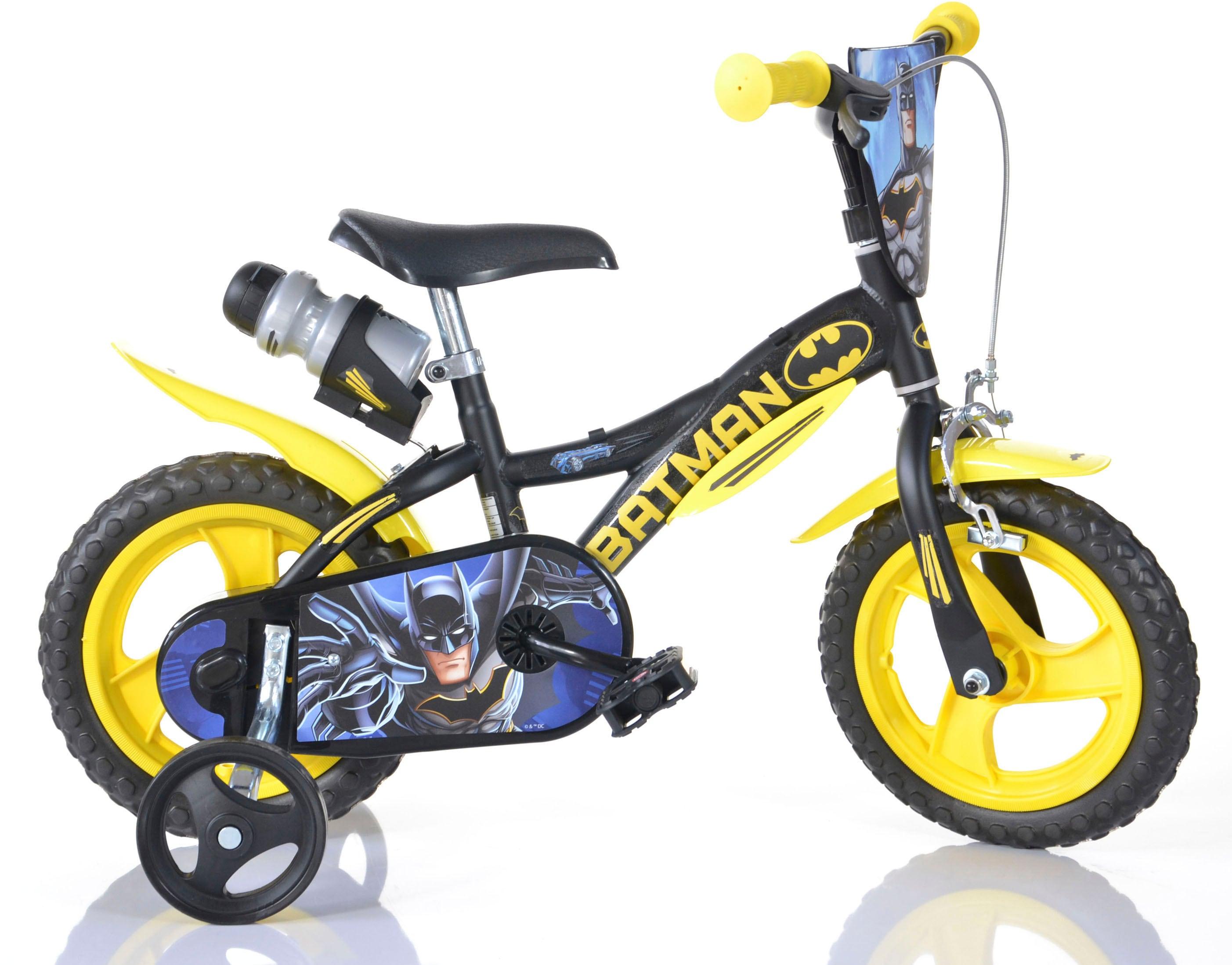 Kinderfahrrad DINO BIKES "12" Batman stabiler Stahl-Rahmen, Stützräder, kindgerecht" Gr. 21, schwarz, Fahrräder, Kinder, 21cm, 12 Zoll (30,48cm), Kinderfahrrad, mit Stützrädern, Trinkflasche und Frontschild