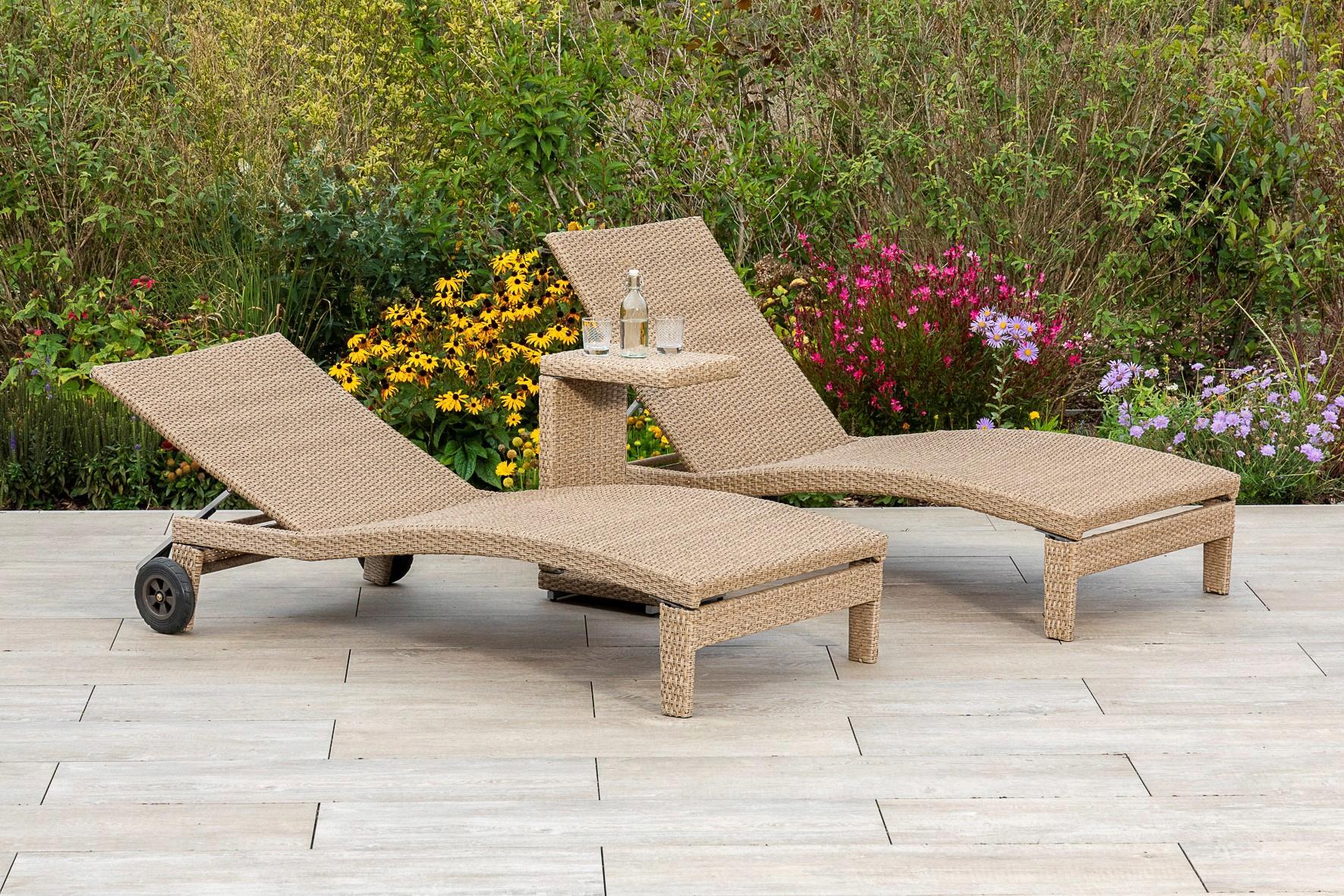 Garten-Essgruppe MERXX "Andalusia", beige (natur, braun), B:90cm H:100cm T:208cm, Aluminium, Kunststoff, Sitzmöbel-Sets, Garten-Essgruppe, 2 Liegen mit Tisch