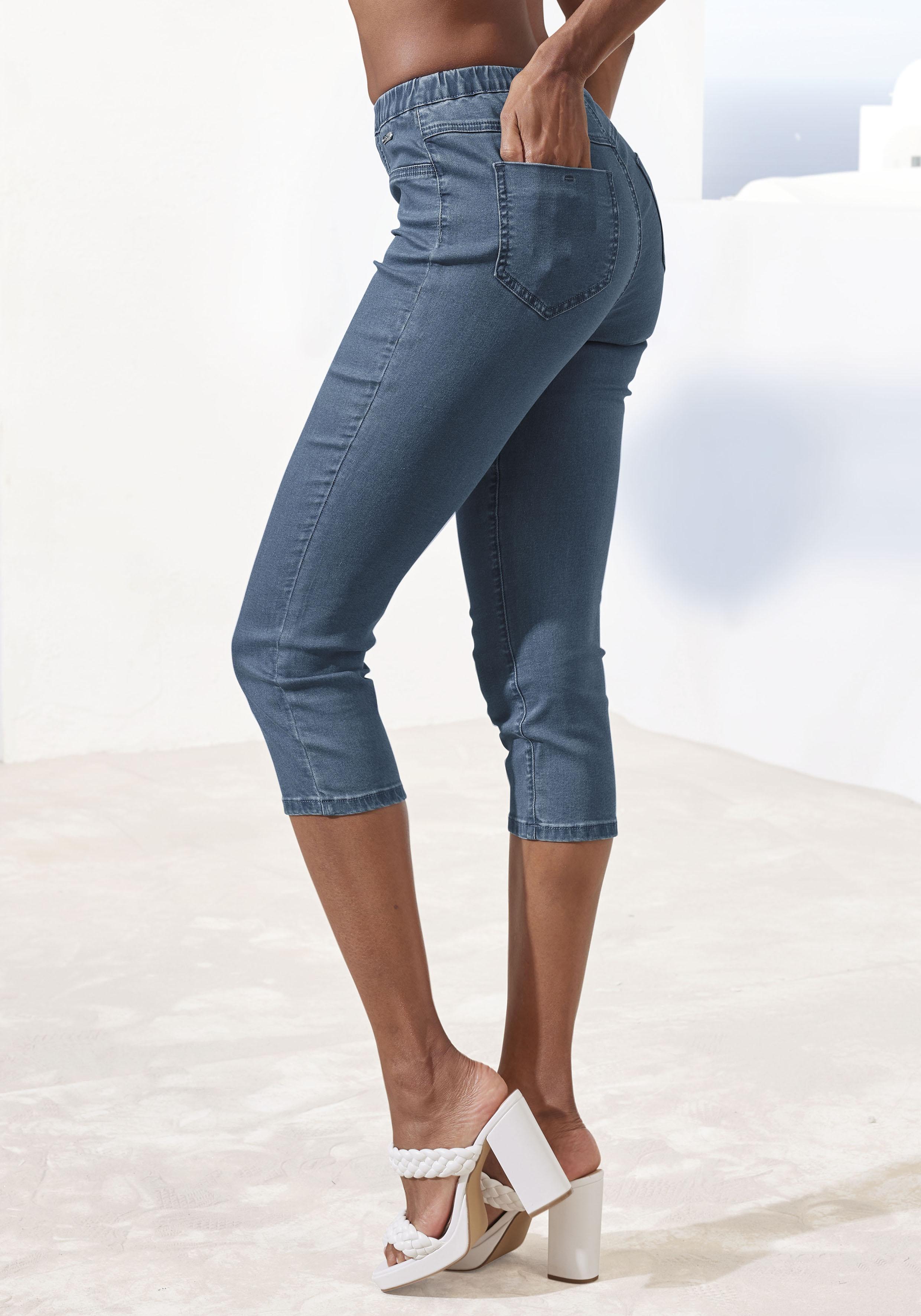 Caprihose BUFFALO, Damen, Gr. 48/50, N-Gr, blau, Denim/Jeans, Obermaterial: 69% Baumwolle, 21% Polyester, 8% Viskose, 2% Elasthan, unifarben, Basic, figurbetont wadenlang, Hosen Caprihose, Schlupfform mit zwei Taschen, Topseller