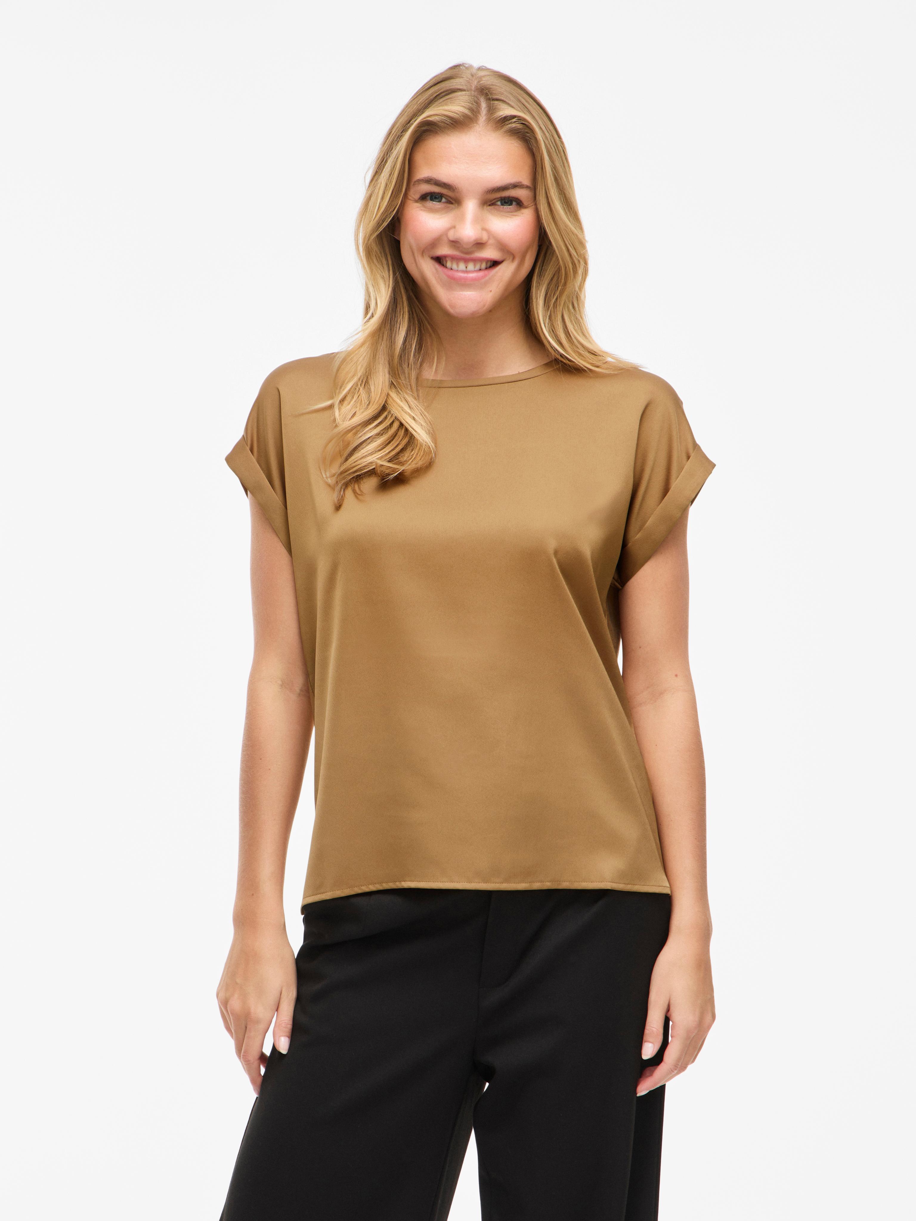 Kurzarmshirt VILA "VIELLETTE S/S SATIN TOP - NOOS", Damen, Gr. 34, braun (bistre), Satin, Obermaterial: 100% Polyester, unifarben, regular fit normal, Rundhals, mit Umschlag, Shirts Kurzarmshirt, Kunstfaser, regular fit