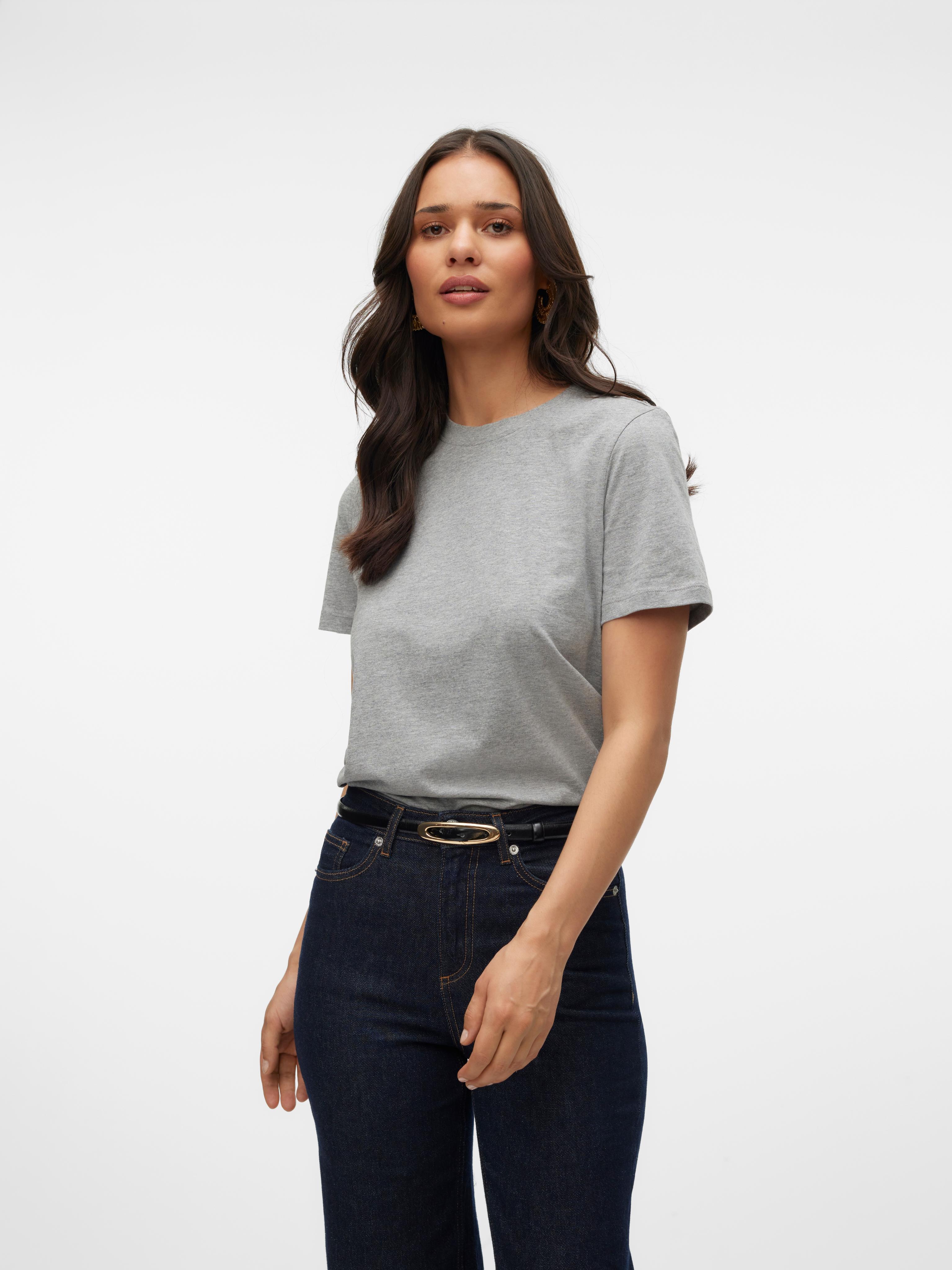 Kurzarmshirt Vero Moda "Vmpaulina Ss T-SHIRT Ga Jrs Noos", Damen, Gr. Xs, Grau (Light Grau Melange), Jersey, Obermaterial: 100% Baumwolle, Unifarben, Normal, Rundhals, Shirts, Baumwolle, Regular Fit