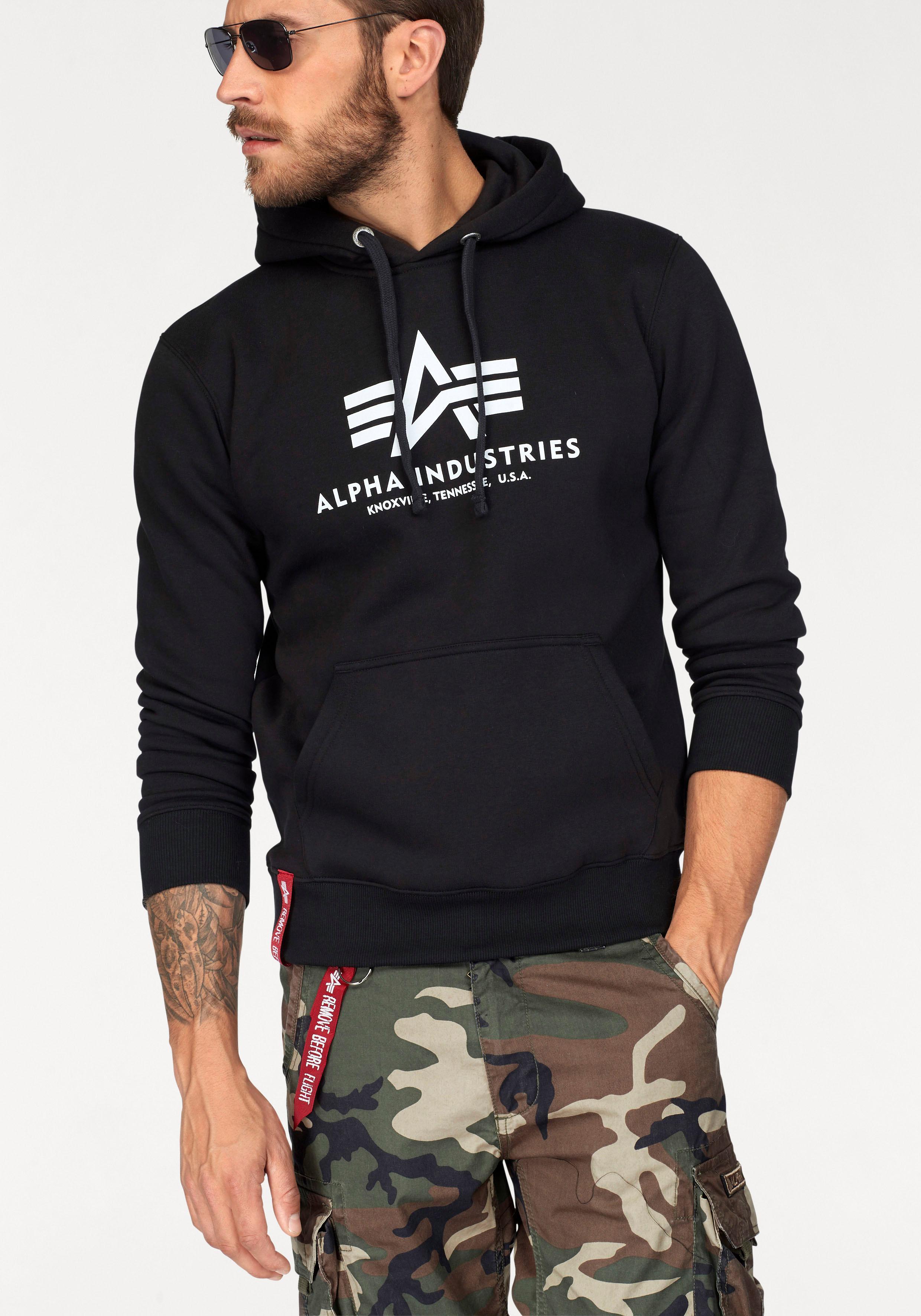 Kapuzensweatshirt Alpha Industries "Basic Hoody", Herren, Gr. M, Schwarz, Angeraute Sweatware, Obermaterial: 80% Baumwolle, 20% Polyester, Bedruckt, Normal Normal, Rundhals, RippbüNdchen, Sweatshirts, Baumwollmischung, Regular Fit