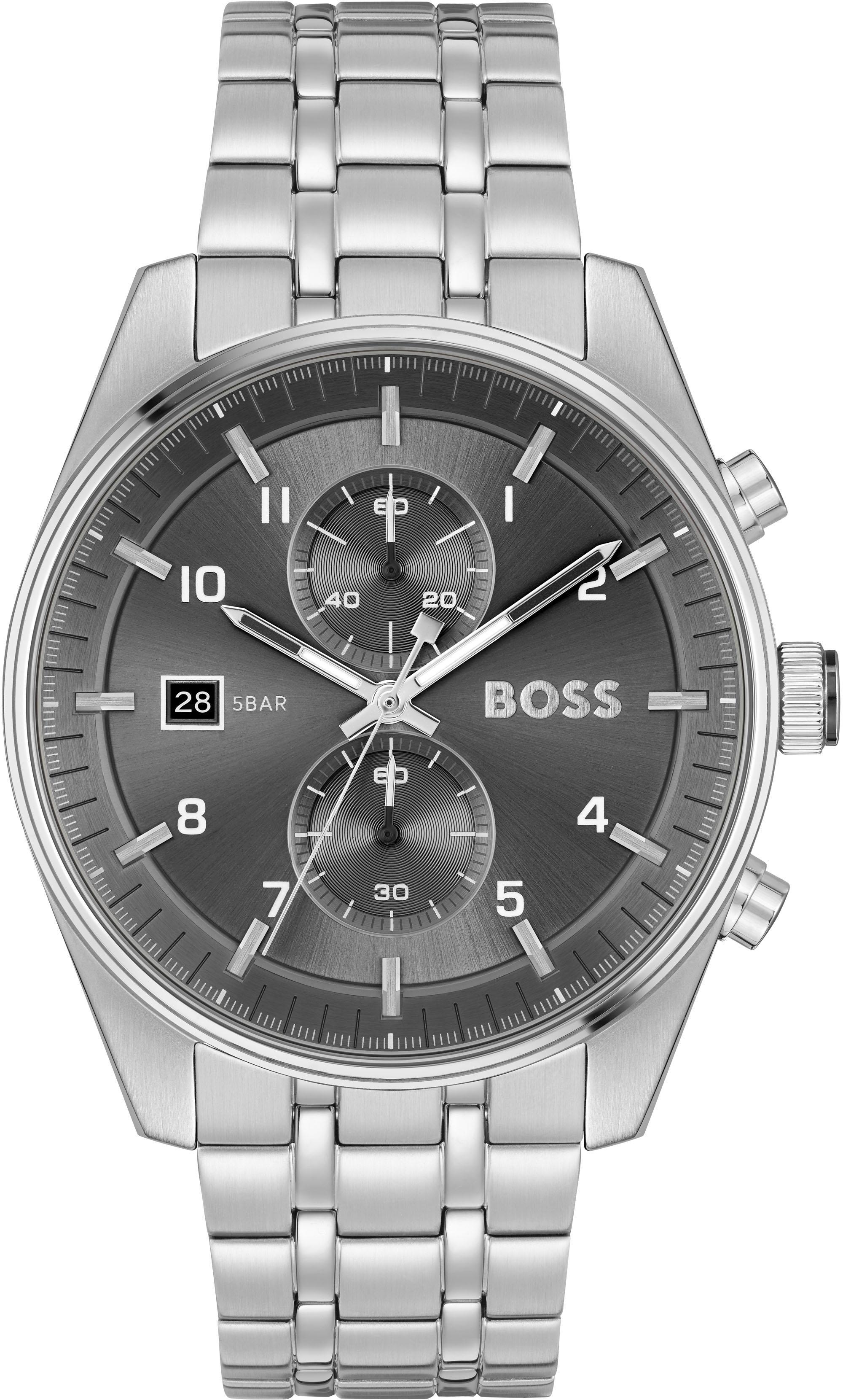 Chronograph BOSS "SKYTRAVELLER", silber (silberfarben, anthrazit), Armbanduhren, Herren, Chronograph, Quarzuhr, Armbanduhr, Herrenuhr, Edelstahlarmband, analog, Tag