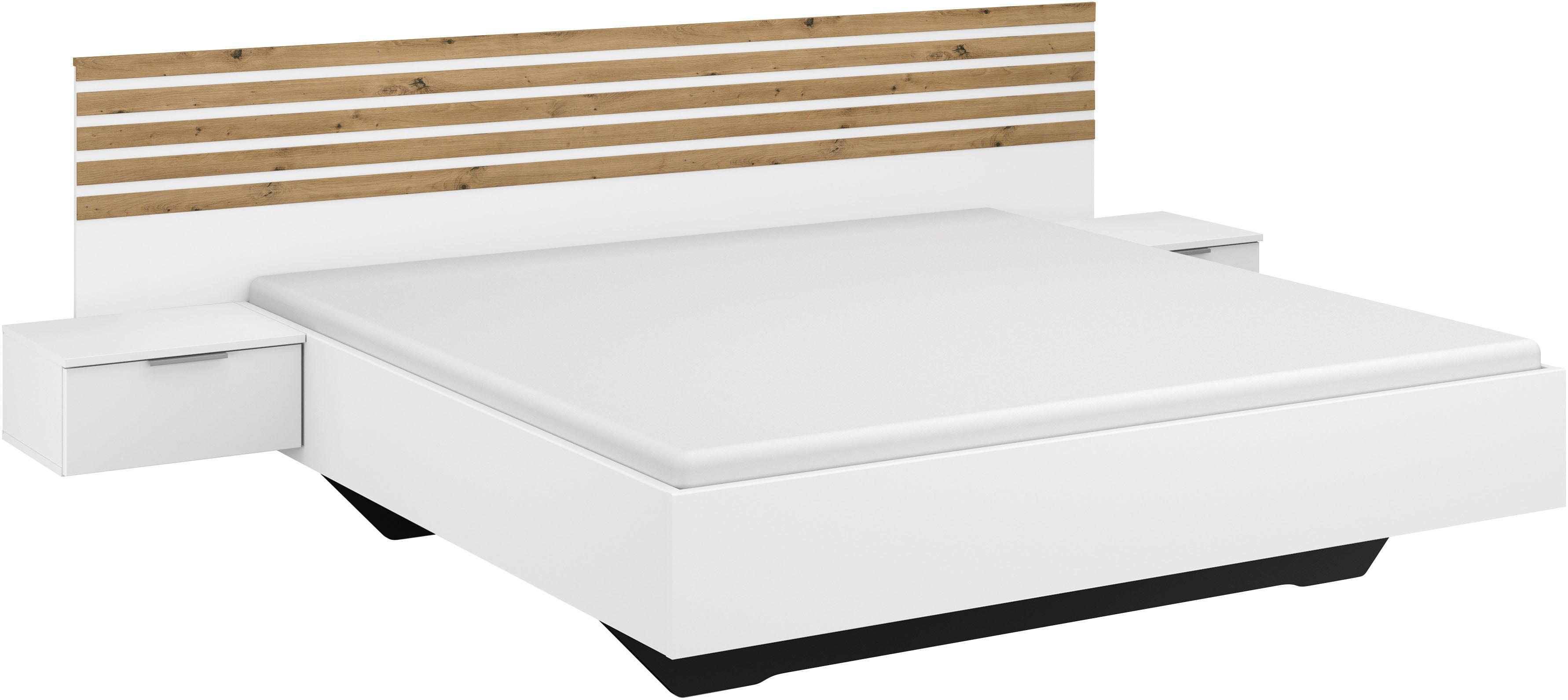 Bettanlage RAUCH "Doppelbett Futonbett LAMELLA in schwebender Optik", alpinweiß, eiche artisan, B:245cm H:91cm T:205cm, Holzwerkstoff, Schlafzimmermöbel-Sets, Bettanlage, mit eleganter Lamellenabsetzung und 2 Hängenachttische MADE IN GERMANY