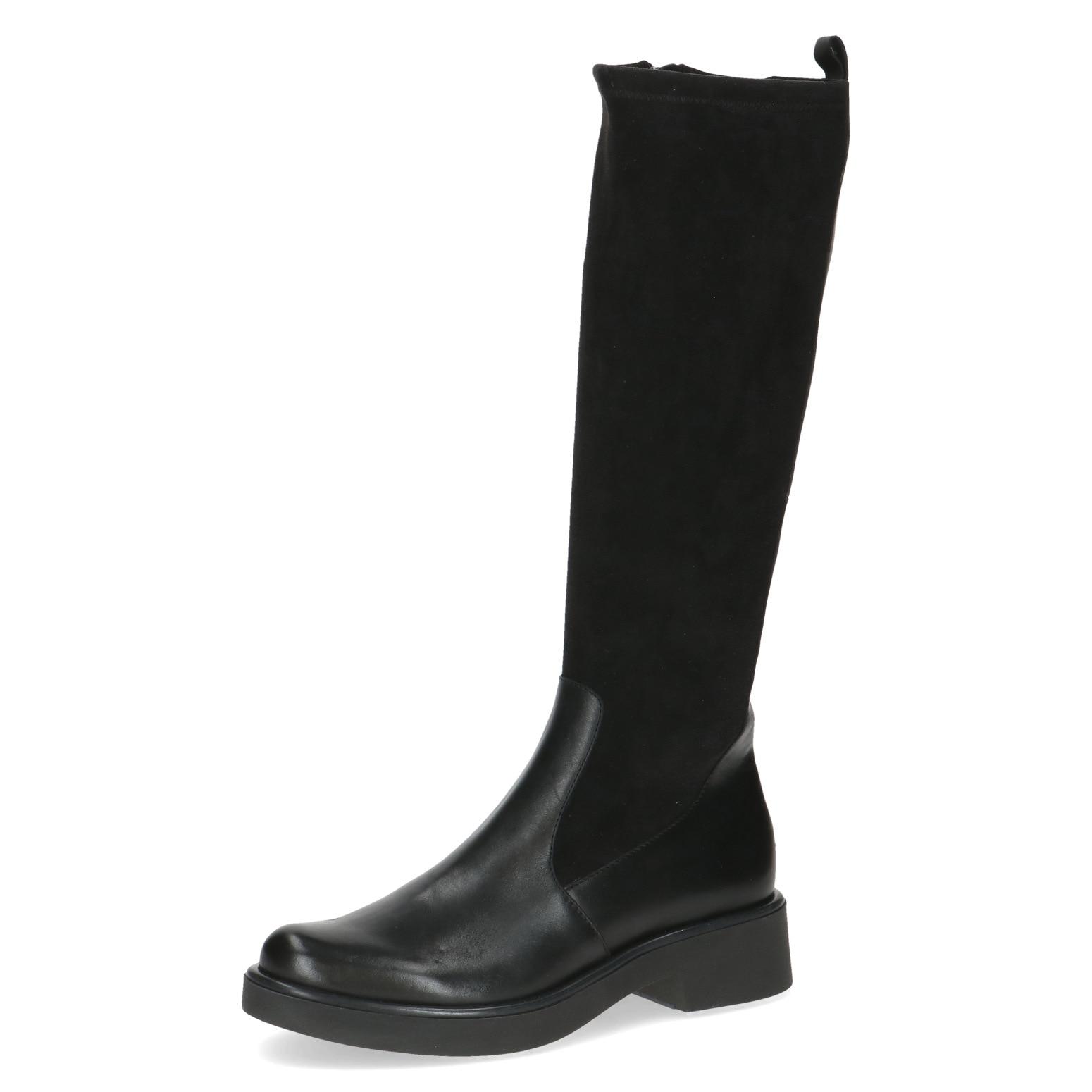 Stiefel Caprice, Damen, Gr. 39, Xs-Schaft, Schwarz, Leder, Textil, Schuhe Stiefel, Blockabsatz, Langschaftstiefel Mit Elastischem Schaft, Xs-Schaft