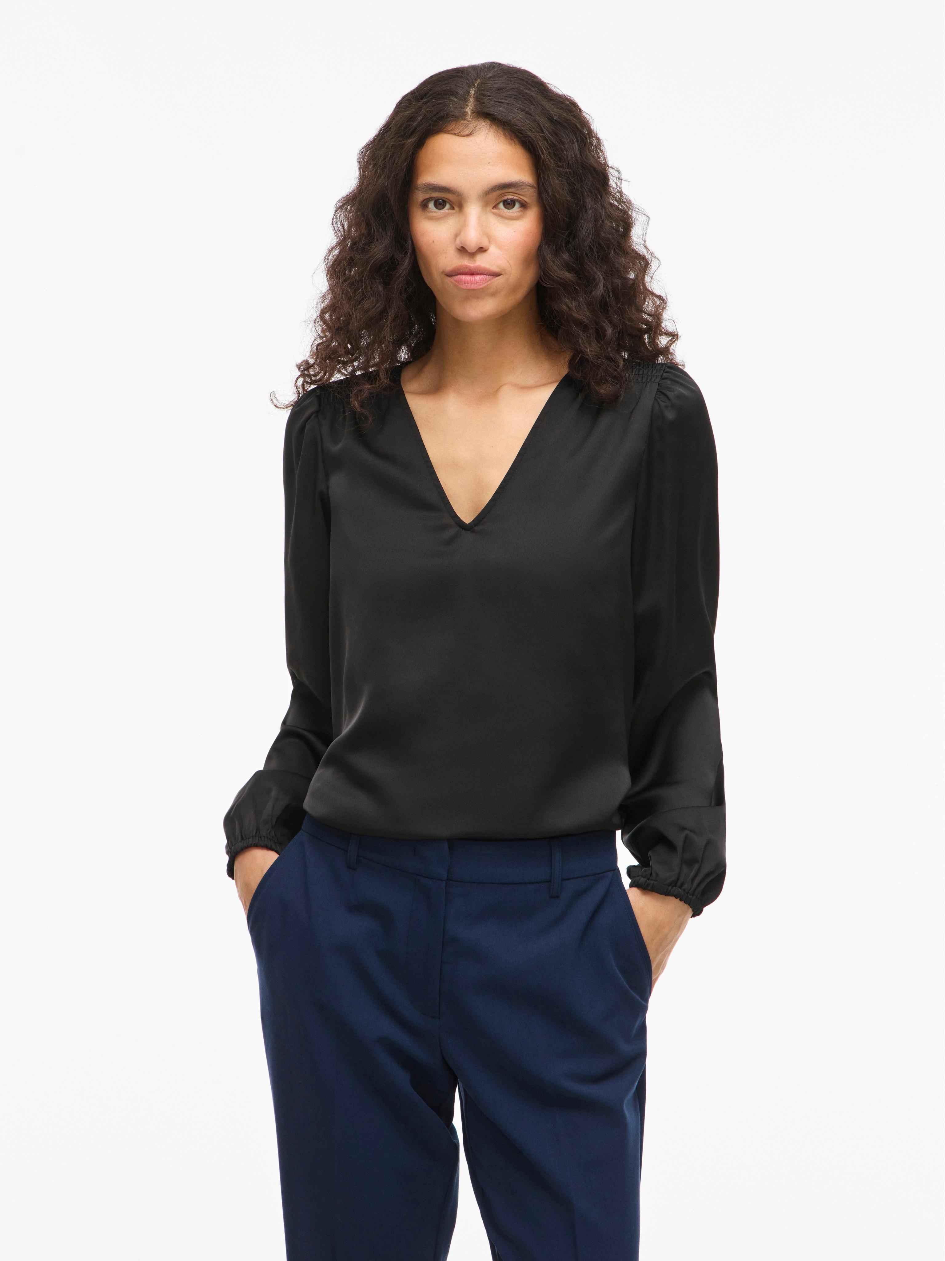 Langarmshirt VILA "VIELLETTE L/S SMOCK SATIN TOP - NOOS", Damen, Gr. 44, schwarz, Jersey, Obermaterial: 100% Polyester, unifarben, regular fit normal, V-Ausschnitt, Shirts Langarmshirt, Kunstfaser, regular fit