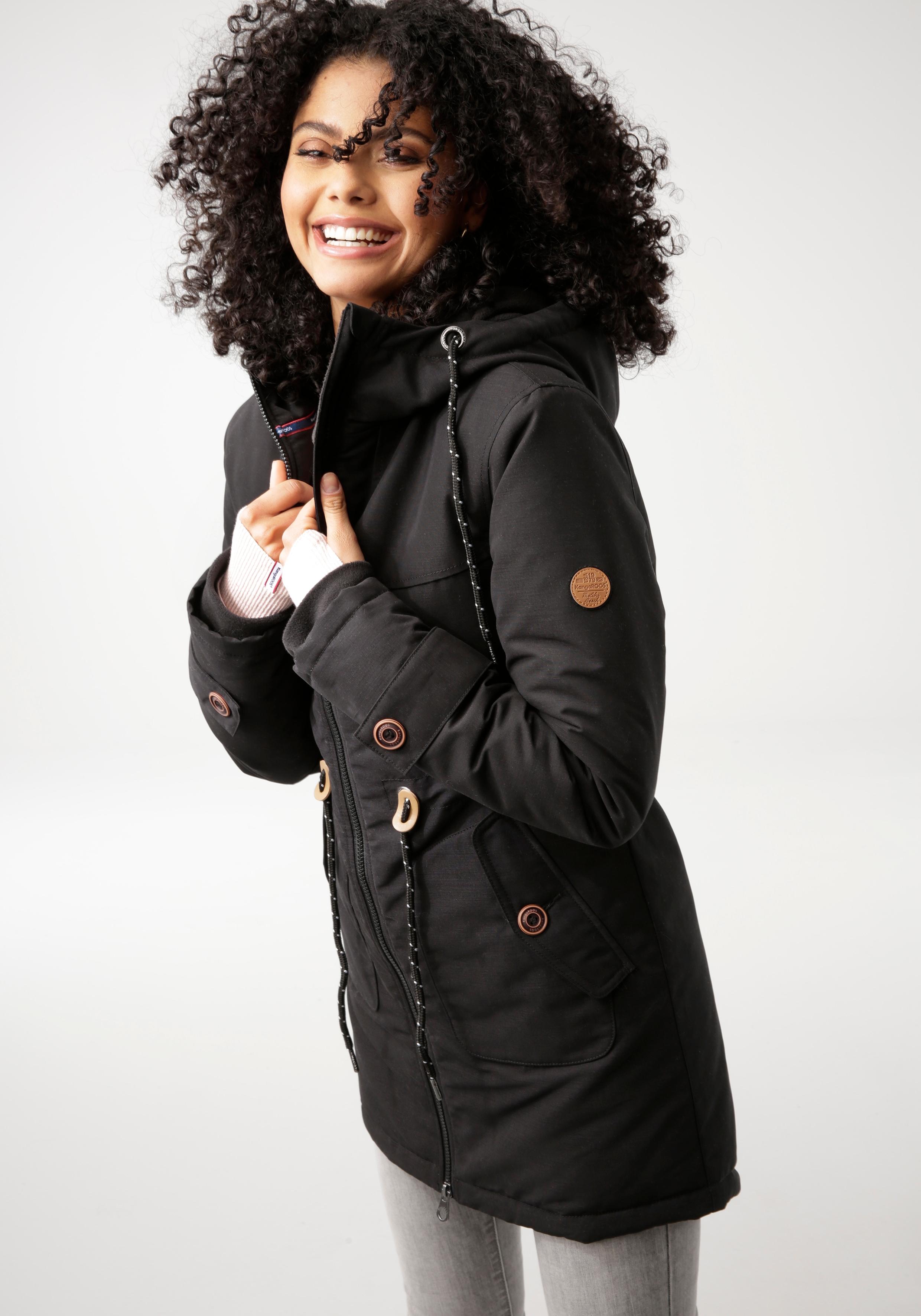 Winterjacke KANGAROOS, Damen, Gr. 38, schwarz, Web, Obermaterial: 100% Polyester. Futter: 100% Polyester. Wattierung: 100% Polyester. Ärmelfutter: 100% Polyester, kontrastfarbene Details, unifarben, figurbetont Po-bedeckend, verstellbar, Jacken Winterjacke, mit Fleece-Fütterung