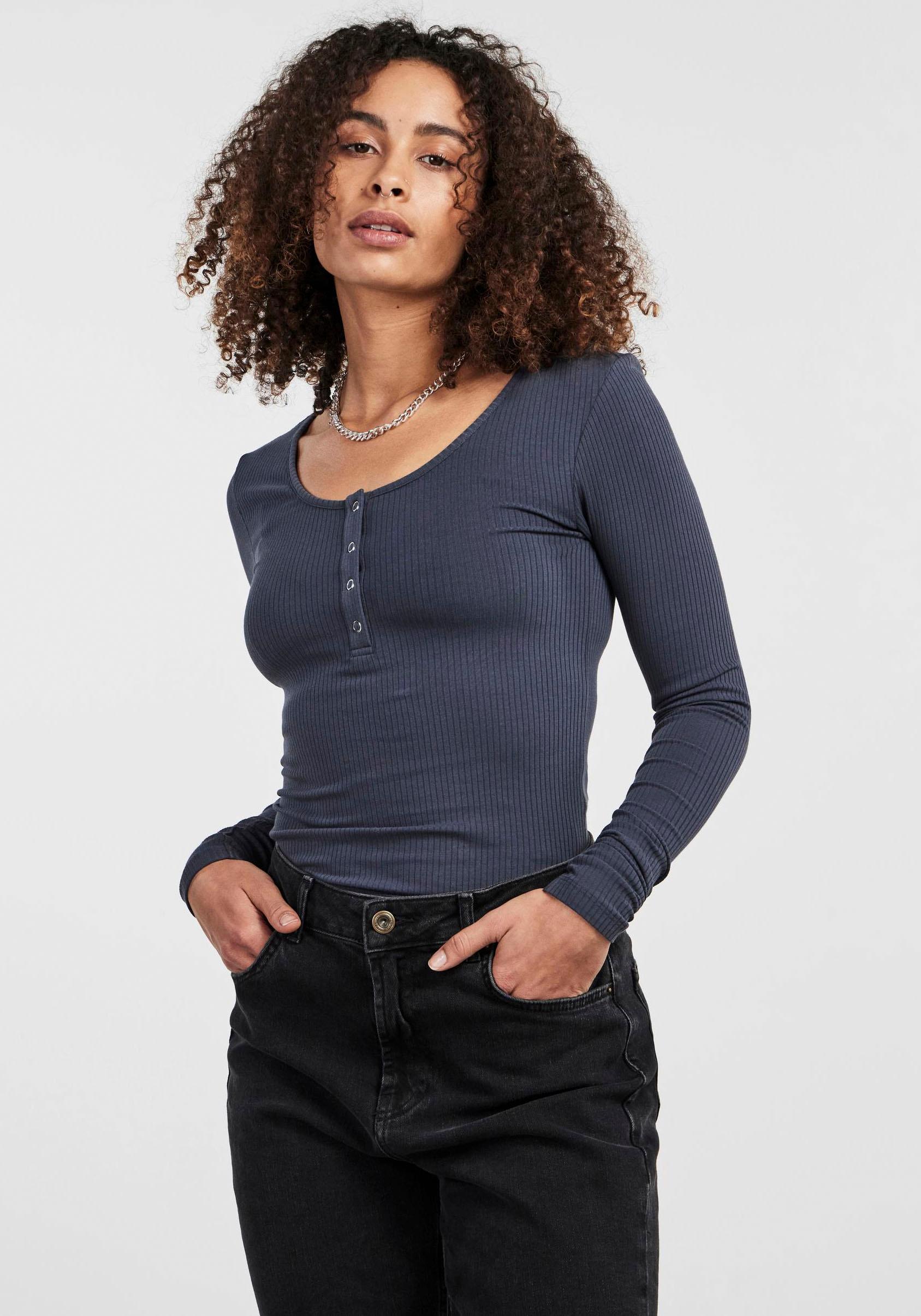 Langarmshirt Pieces "Pckitte LS TOP Noos Bc", Damen, Gr. L, Blau (Ombre Blau), Single Jersey, Obermaterial: 95% Baumwolle, 5% Elasthan, Unifarben, Slim Fit Normal, Rundhals, Shirts Langarmshirt, Baumwollmischung, Slim Fit