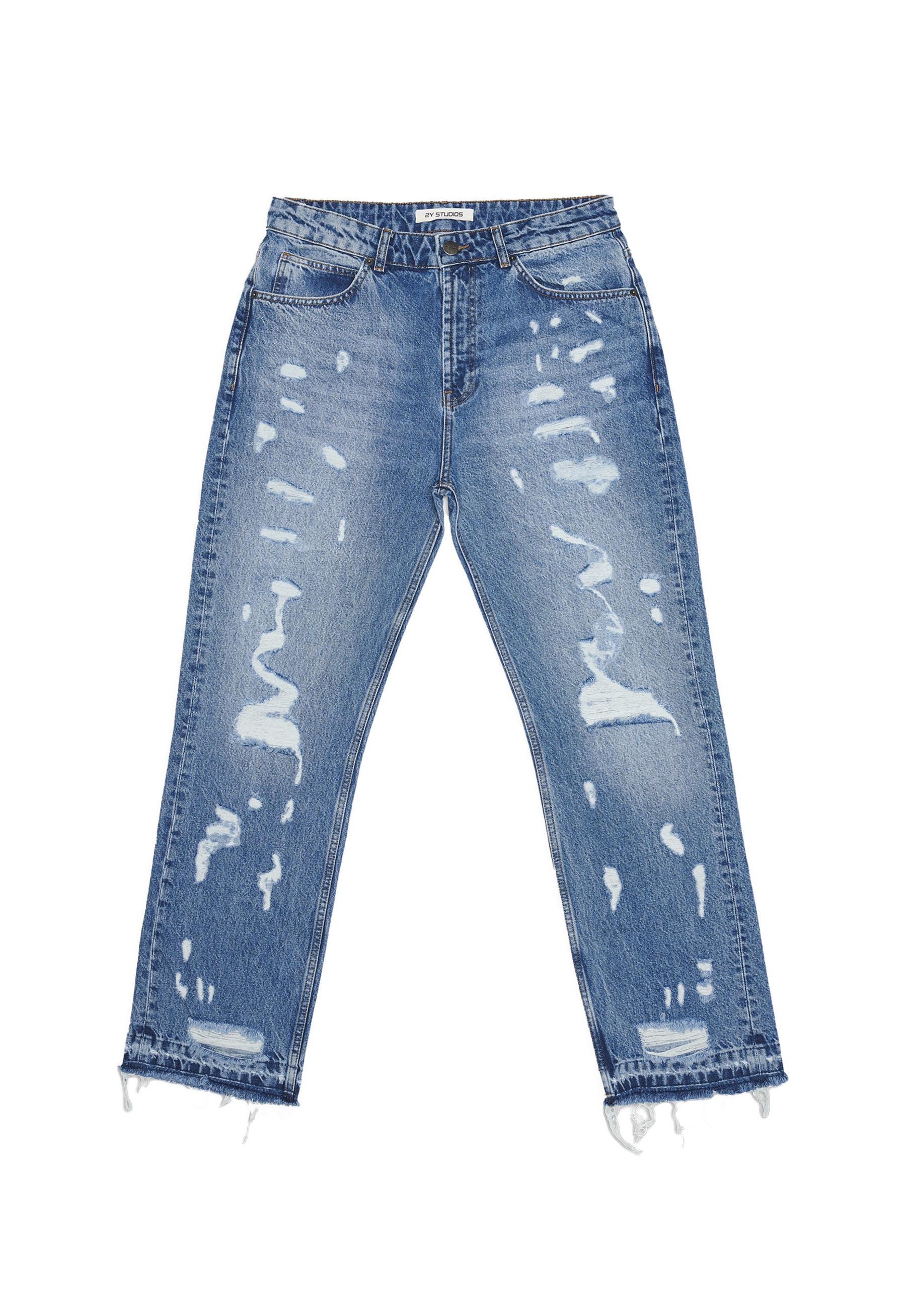 Bequeme Jeans 2Y Studios "2Y Studios 2Y Firio Destroyed Straight Jeans", Herren, Gr. 32, NormalgrößEn, Blau, 100% Baumwolle, Unifarben, Normal, Jeans