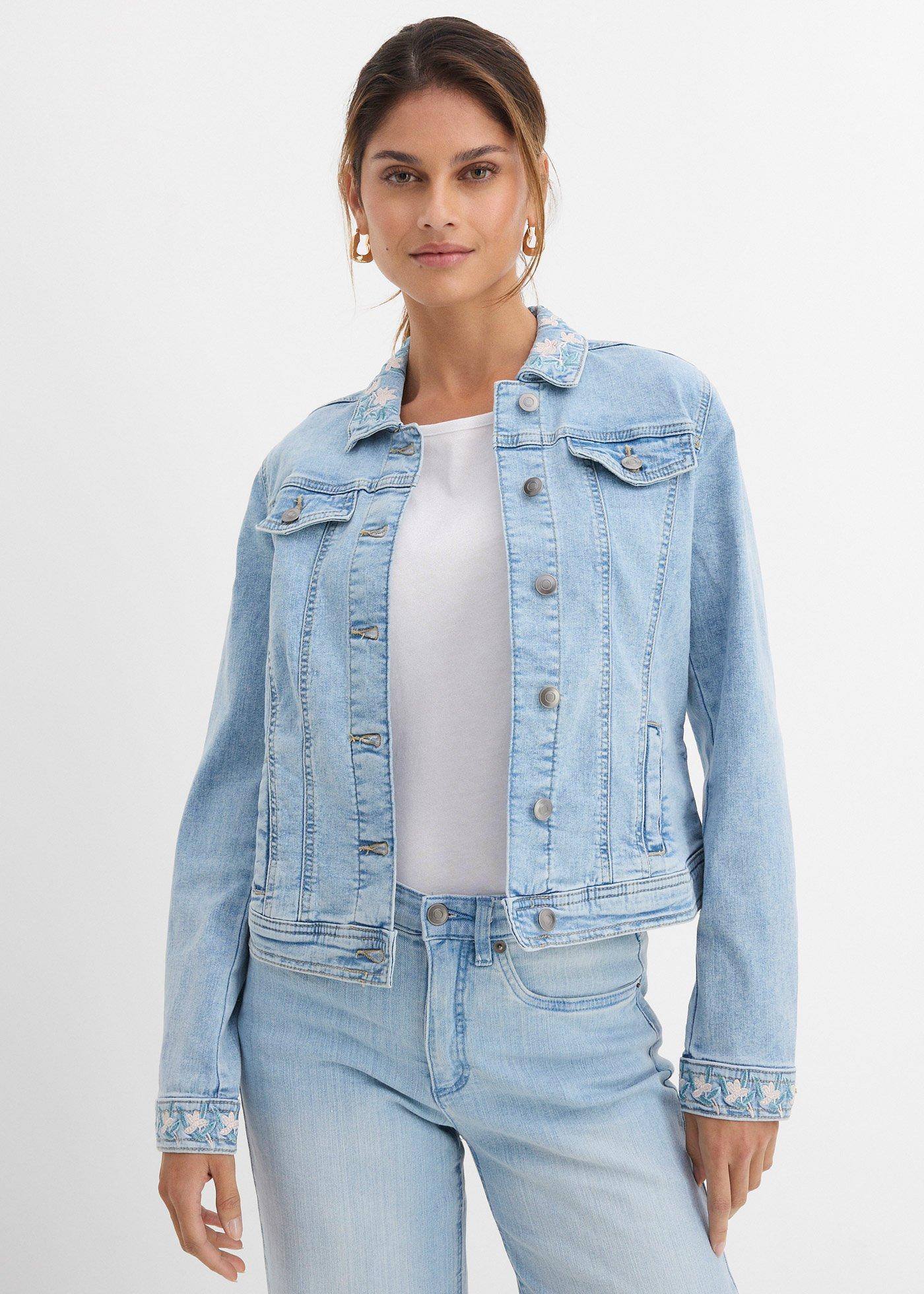 bonprix Jeansjacke Mit Stickerei, Blau, Gr.46, Moderne Verspielte Jeansjacke Mit Blumenstickerei Von Premium, 76% Baumwolle