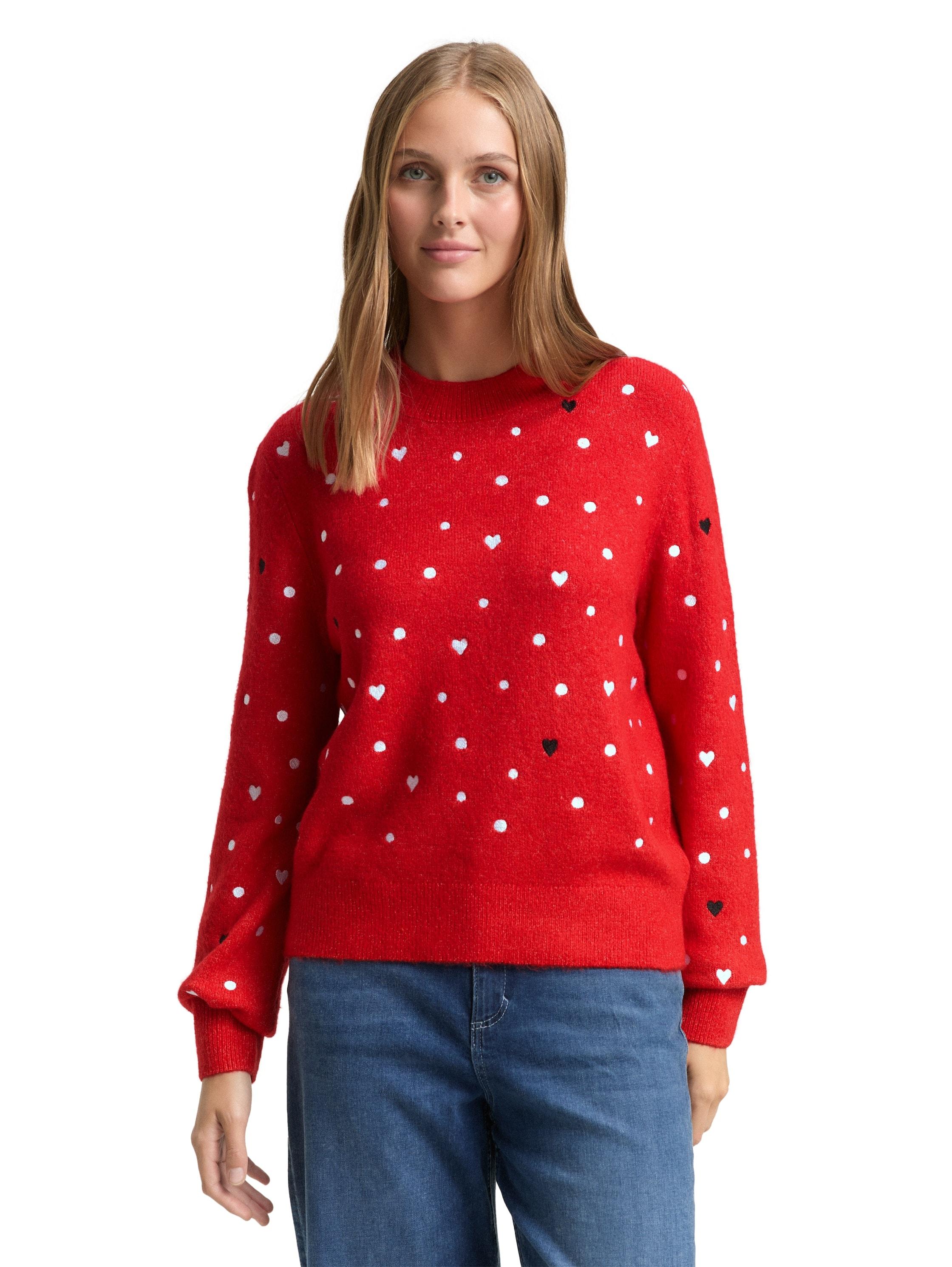 Strickpullover Tom Tailor Denim, Damen, Gr. L, Rot With Hearts, Strick, Obermaterial: 79% Polyacryl, 18% Polyester, 3% Elasthan, Bestickt, Relaxed Fit Normal, Rundhals, RippbüNdchen, Pullover Strickpullover, Mit Stickereien