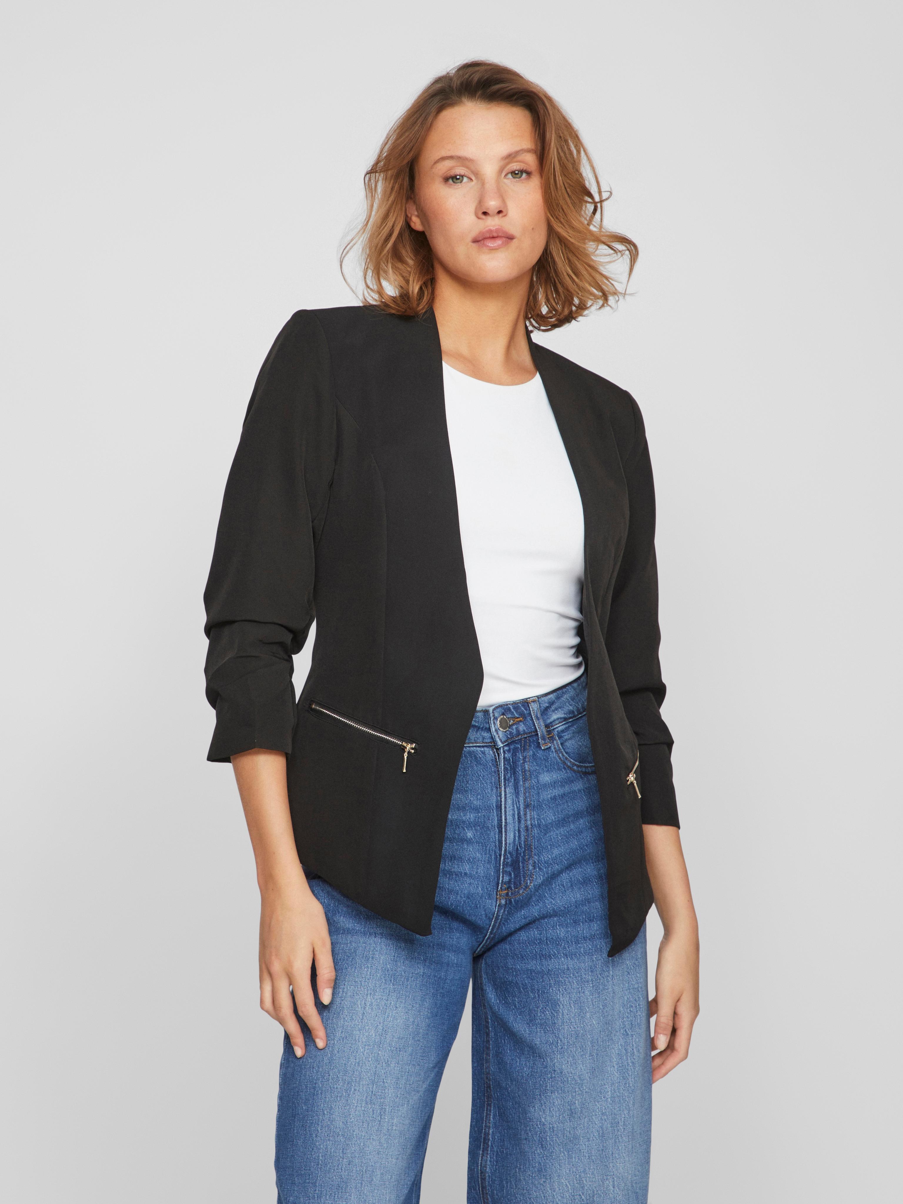 Kurzblazer Vila "Vijoy 3/4 Blazer - Noos", Damen, Gr. 44, Schwarz, Web, Obermaterial: 95% Polyester, 5% Elasthan, Unifarben, Regular Fit Normal, Blazer Kurzblazer