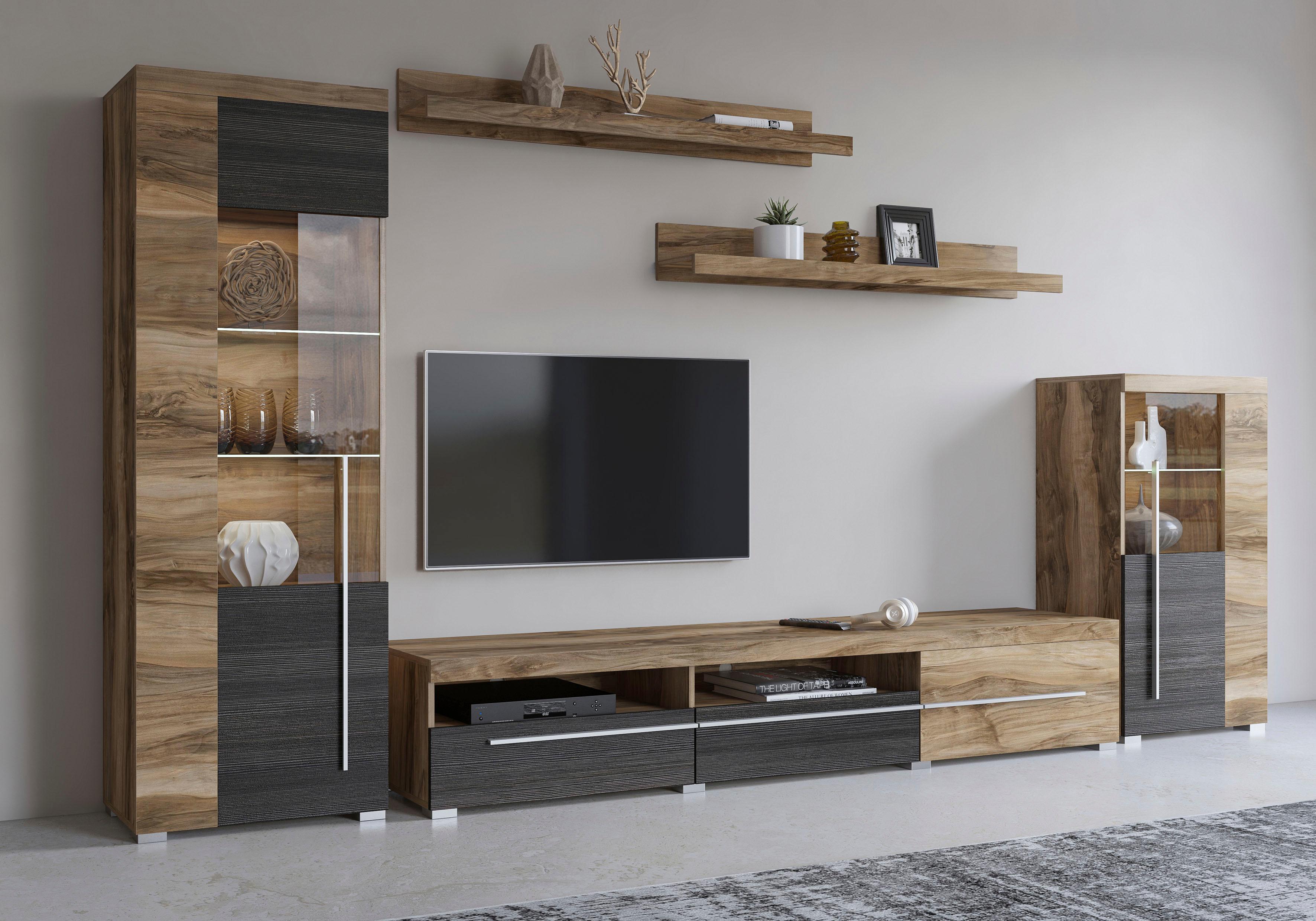 Wohnwand OTTO HOME "Roger,Breite 270 cm moderne Mediawand ohne Beleuchtung", braun (satin nussbaumfarben, schwarzwood), B:270cm, ABS-Kunststoff, Glas, Holzwerkstoff, Metall, Kastenmöbel-Sets, Wohnwand, Anbuwand (Set,5-St) viel Stauraum, Vitrinen mit Glastür, Topseller