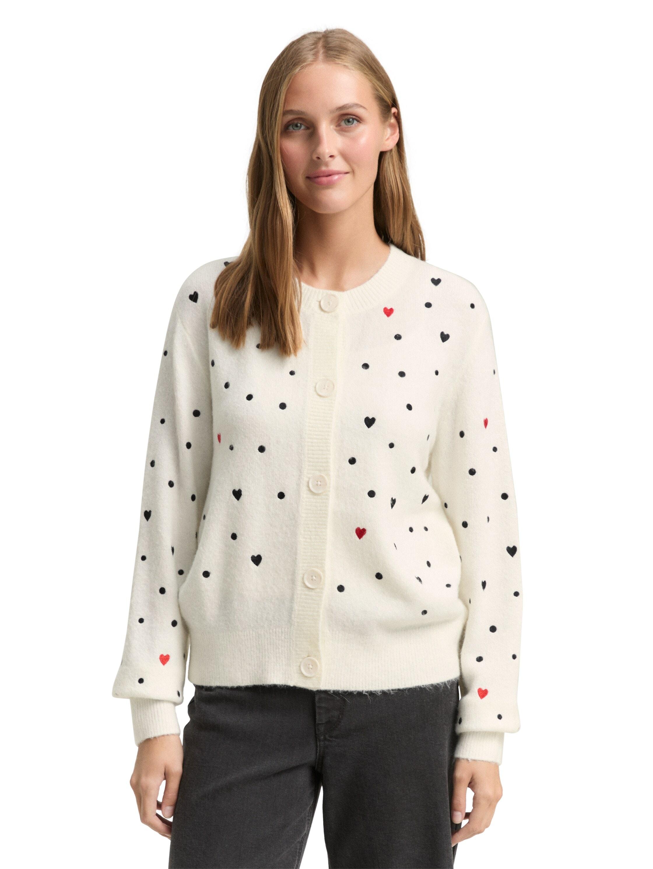 Cardigan Tom Tailor Denim, Damen, Gr. S, Weiß Schwarz Dots And Hearts, Strick, Obermaterial: 79% Polyacryl, 18% Polyester, 3% Elasthan, Bestickt, Regular Fit Normal, Rundhals, RippbüNdchen, Strickjacken, Mit Stickereien