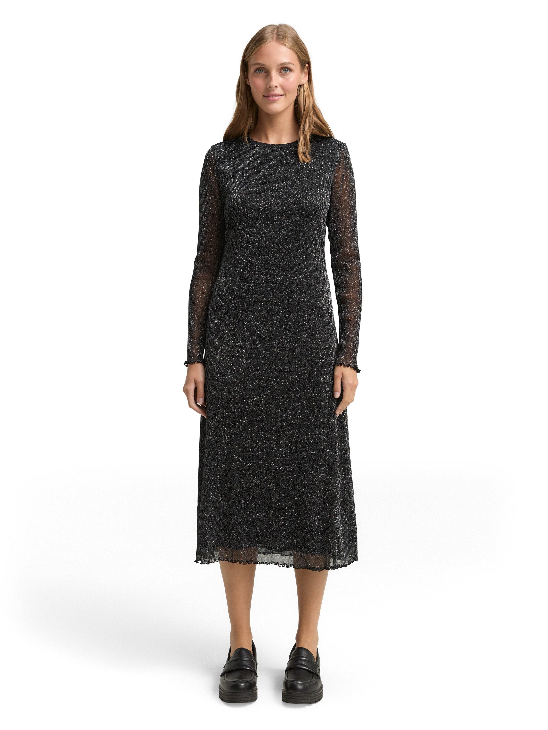 Midikleid Tom Tailor Denim, Damen, Gr. S, N-Gr, Schwarz With Silber, Mesh, Obermaterial: 85% Polyamid, 15% Elasthan. Futter: 100% Polyester, GläNzend, Regular Fit Kniebedeckend, Rundhals, Gewellter Abschluss, Kleider Midikleid, Mit Glitzer-Effekt