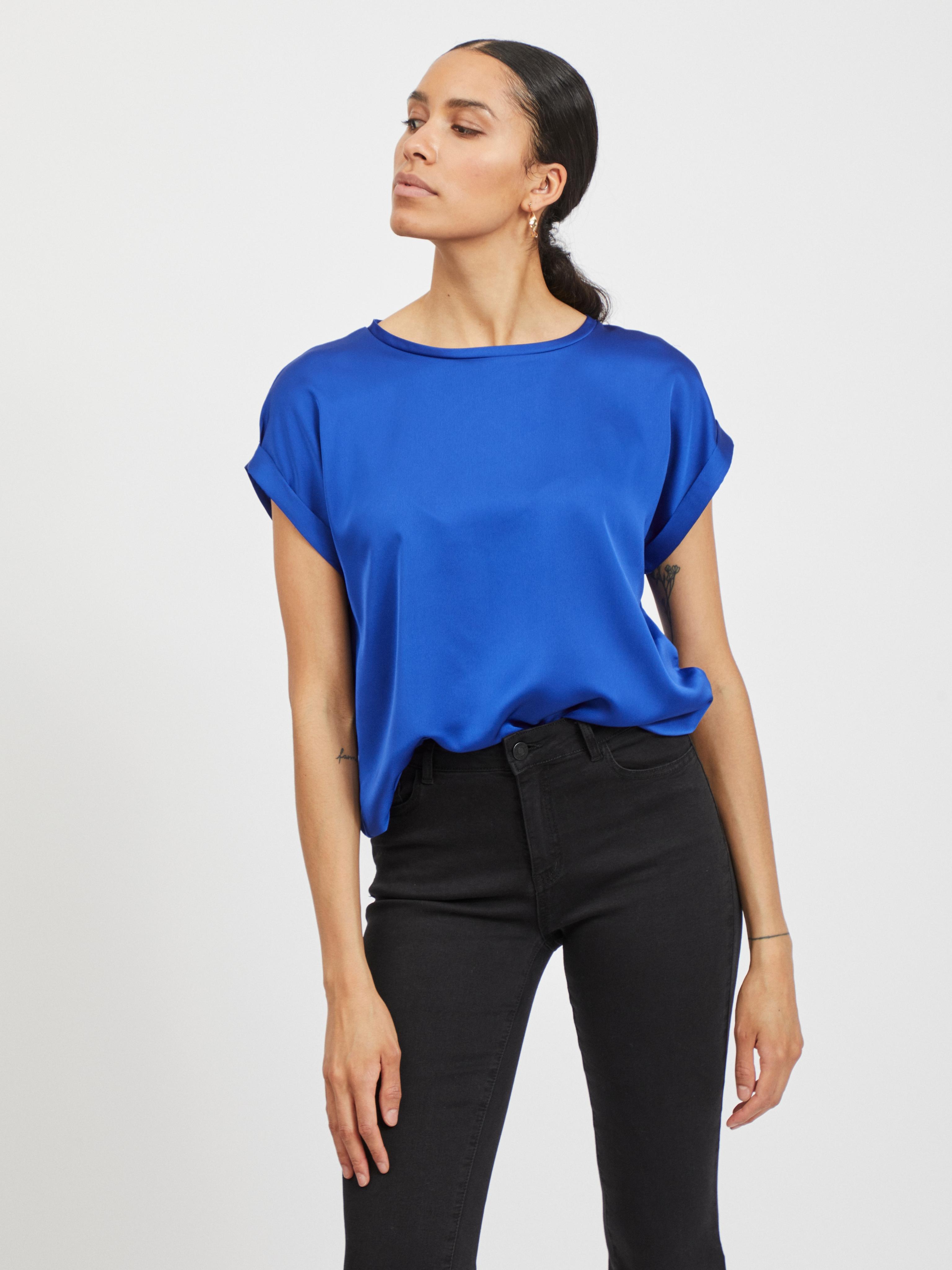 Kurzarmshirt VILA "VIELLETTE S/S SATIN TOP - NOOS", Damen, Gr. 42, blau (mazarine blau), Satin, Obermaterial: 100% Polyester, unifarben, regular fit normal, Rundhals, mit Umschlag, Shirts Kurzarmshirt, Kunstfaser, regular fit, Topseller