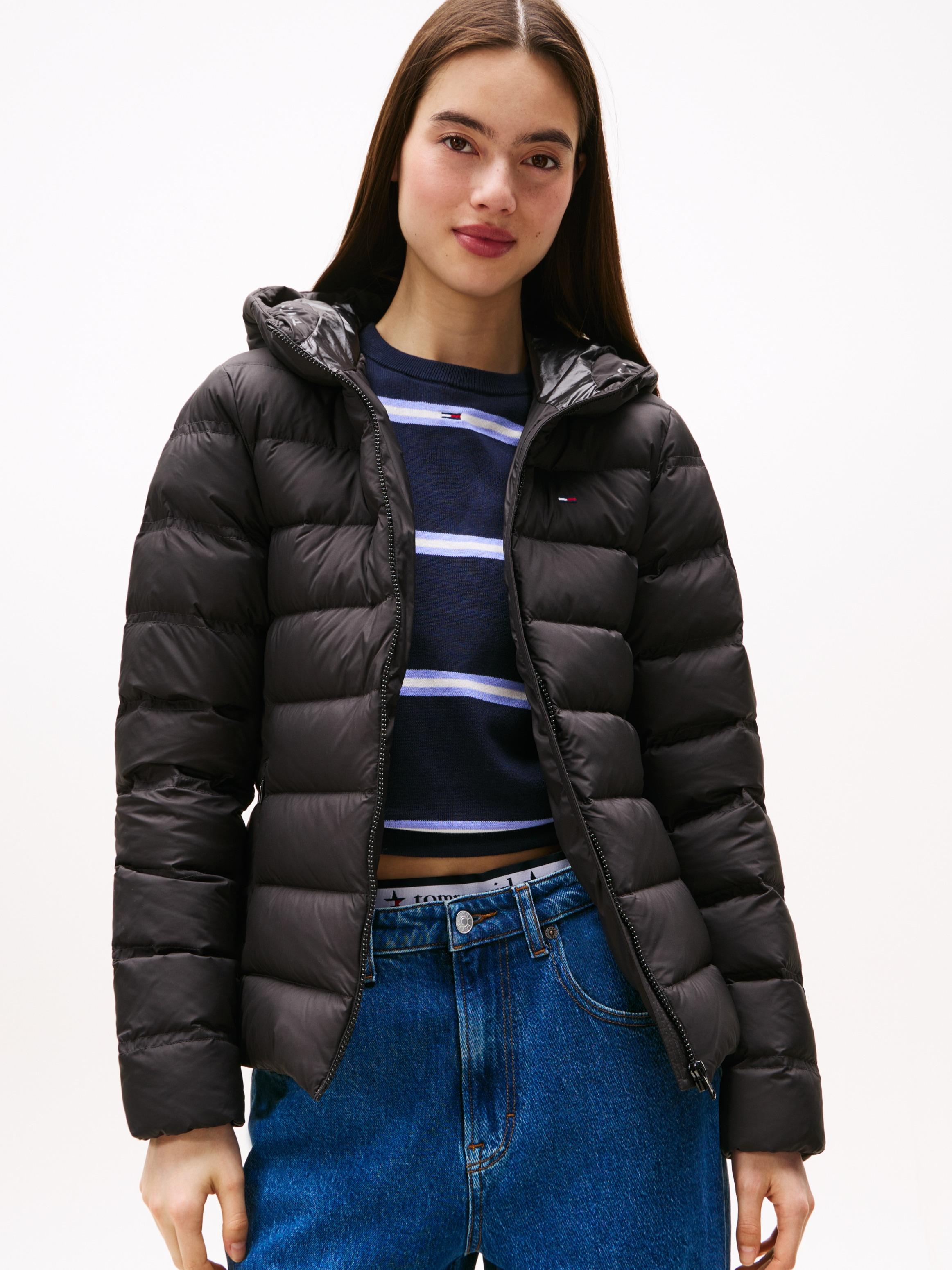 Steppjacke Tommy Jeans "Tjw Slim Hood Prnt Down Jckt Ext", Damen, Gr. Xl (42), Schwarz, Web, Obermaterial: 100% Polyester, Unifarben Mit FarbeinsäTzen, Slim Fit, Jacken Steppjacke