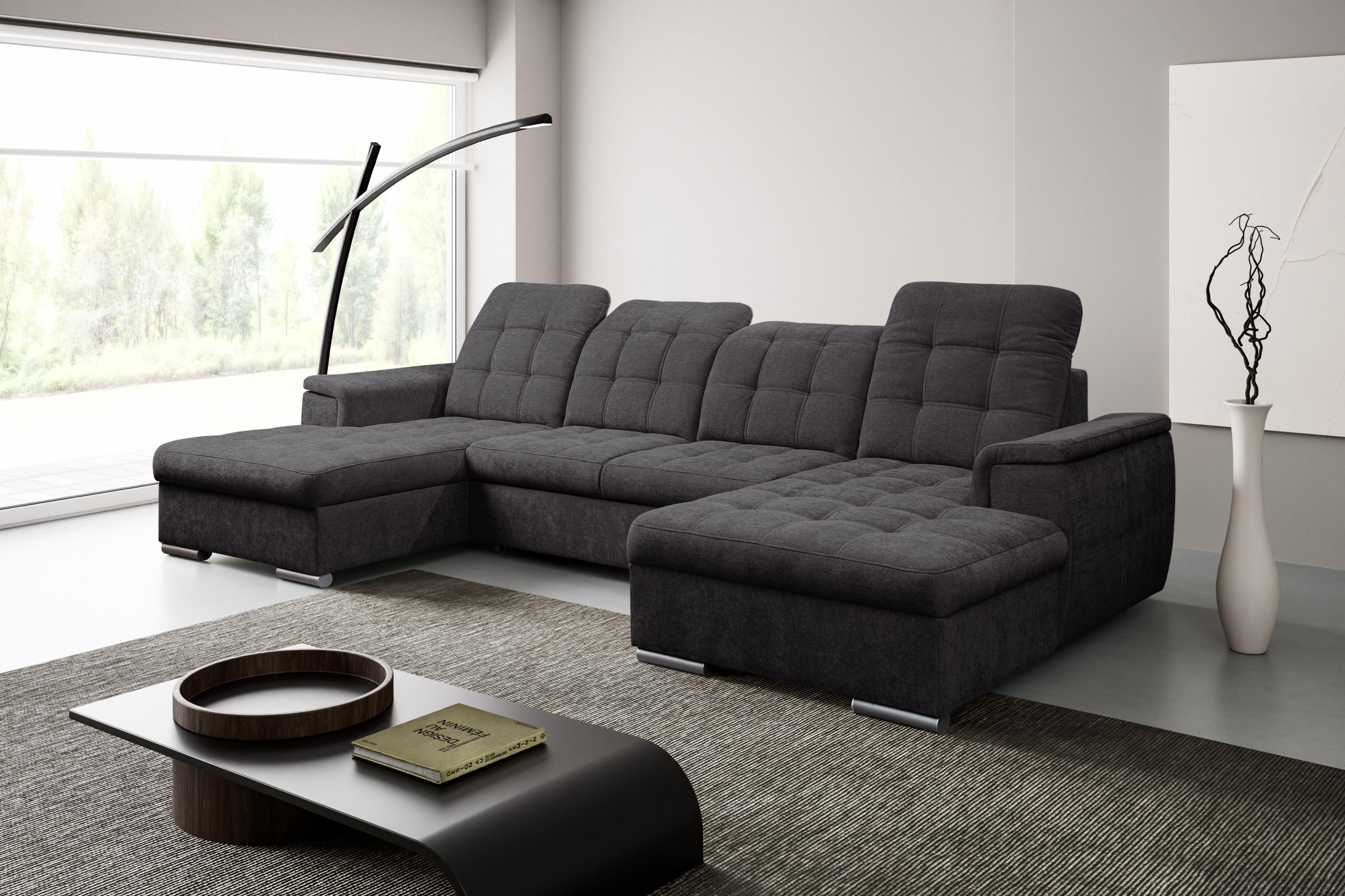Wohnlandschaft WERK2 "Napoli", anthrazit, B:330cm H:106cm T:174cm, 100% Polyester, Sofas, Wohnlandschaft, verstellbare Kopfteile, mit Schlaffunktion und Bettkasten