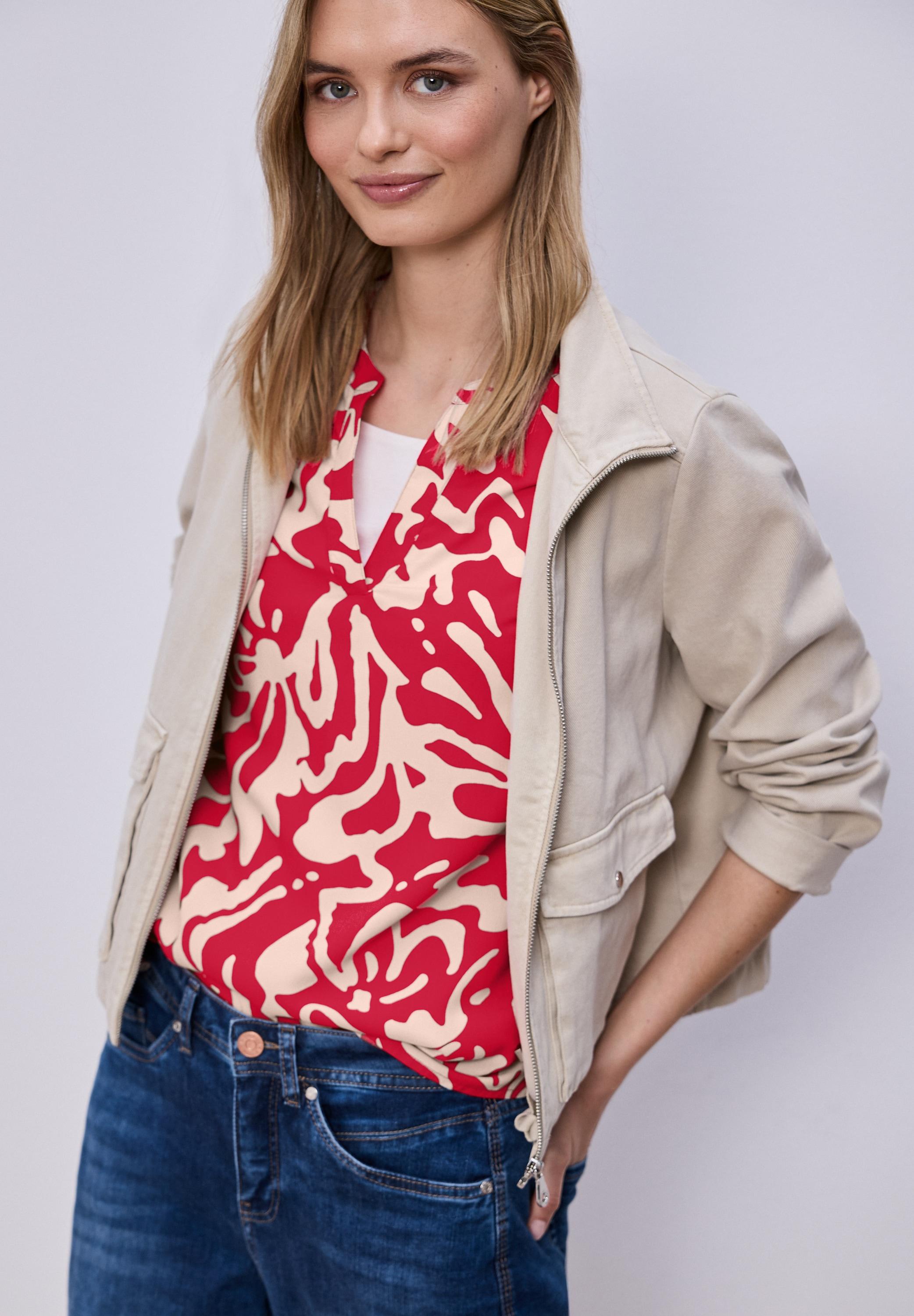Kurzarmbluse Street One, Damen, Gr. 38, Rot (Salsa Rot), Stoff, 100% Viskose, GeblüMt, Normal Normal, Rundhals, BüNdchen, Blusen, Mit Blumenmuster