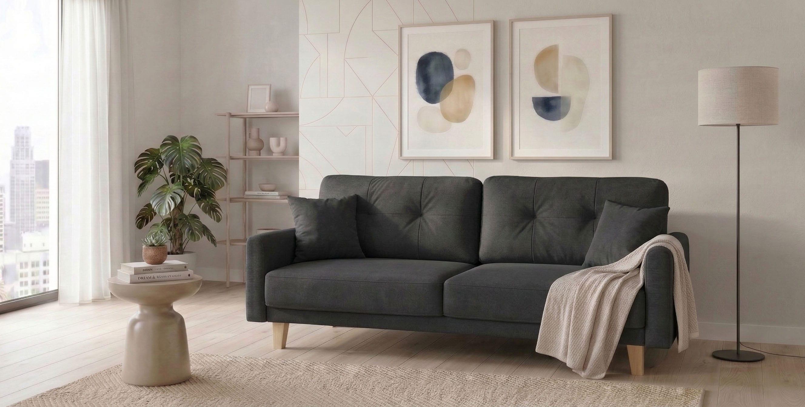 3-Sitzer HOME AFFAIRE "TRIPLO optionale Schlafsofa mit Bettkasten, Maße B/T/H: 215/100/89 cm", grau (graphit), B:215cm H:89cm T:100cm, Luxus-Microfaser weich (92% Polyester, 8% Nylon);Filzoptik ( 100% Polyester);Luxus-Microfaser Vintageoptik (100% Polyester), Sofas, 3-Sitzer, Wahlweise Bettfunktion - Liegefläche 145x191 cm, Rücken-, Zierkissen