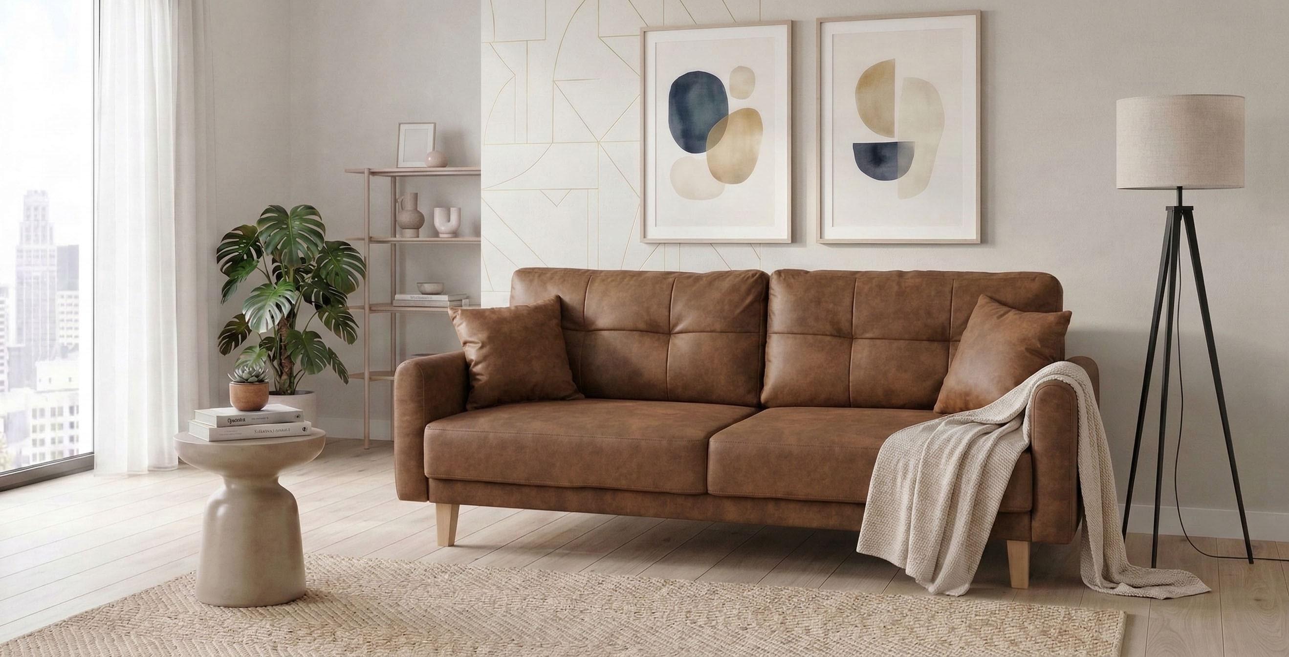 3-Sitzer HOME AFFAIRE "TRIPLO optionale Schlafsofa mit Bettkasten, Maße B/T/H: 215/100/89 cm", braun (cognac), B:215cm H:89cm T:100cm, Luxus-Microfaser weich (92% Polyester, 8% Nylon);Filzoptik ( 100% Polyester);Luxus-Microfaser Vintageoptik (100% Polyester), Sofas, 3-Sitzer, Wahlweise Bettfunktion - Liegefläche 145x191 cm, Rücken-, Zierkissen