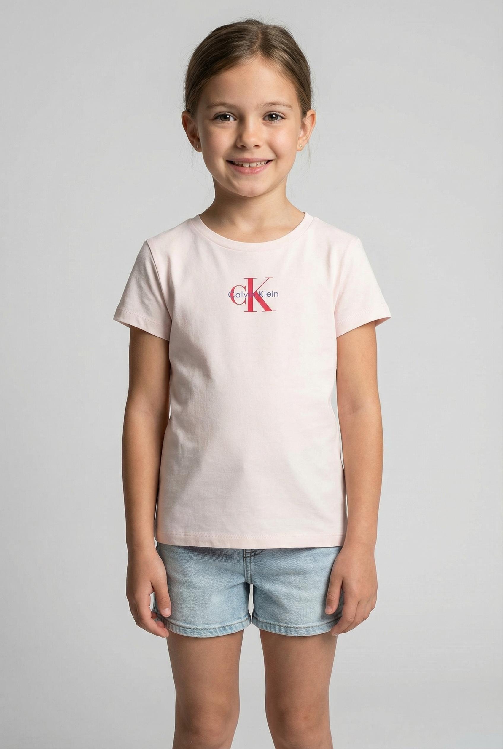 T-Shirt CALVIN KLEIN JEANS "MICRO MONOGRAM TOP", Mädchen, Gr. 12 (152), pearl, Single Jersey, Obermaterial: 100% Baumwolle, unifarben, regular fit normal, Rundhals, eingesetzt abgesteppte Kante, Shirts T-Shirt, Regular fit für Kinder