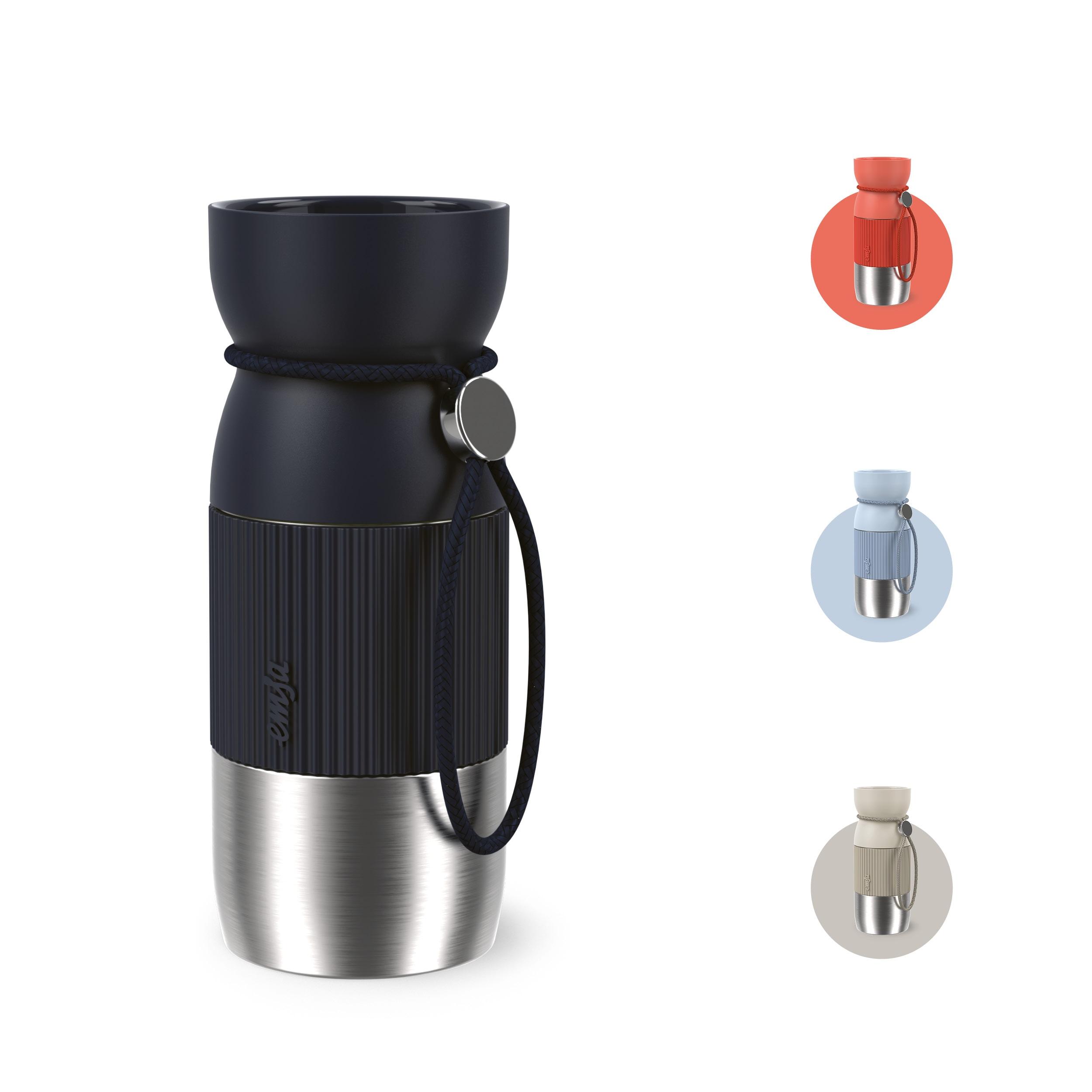 Thermobecher EMSA "beYou Cup", schwarz, B:7,4cm H:18,7cm Ø:7,4cm, Edelstahl, Polypropylen, Silikon, Trinkgefäße, Thermobecher, 0,36 Liter, aromatischer Trinkgenuss, 100% dicht, mit Trageband