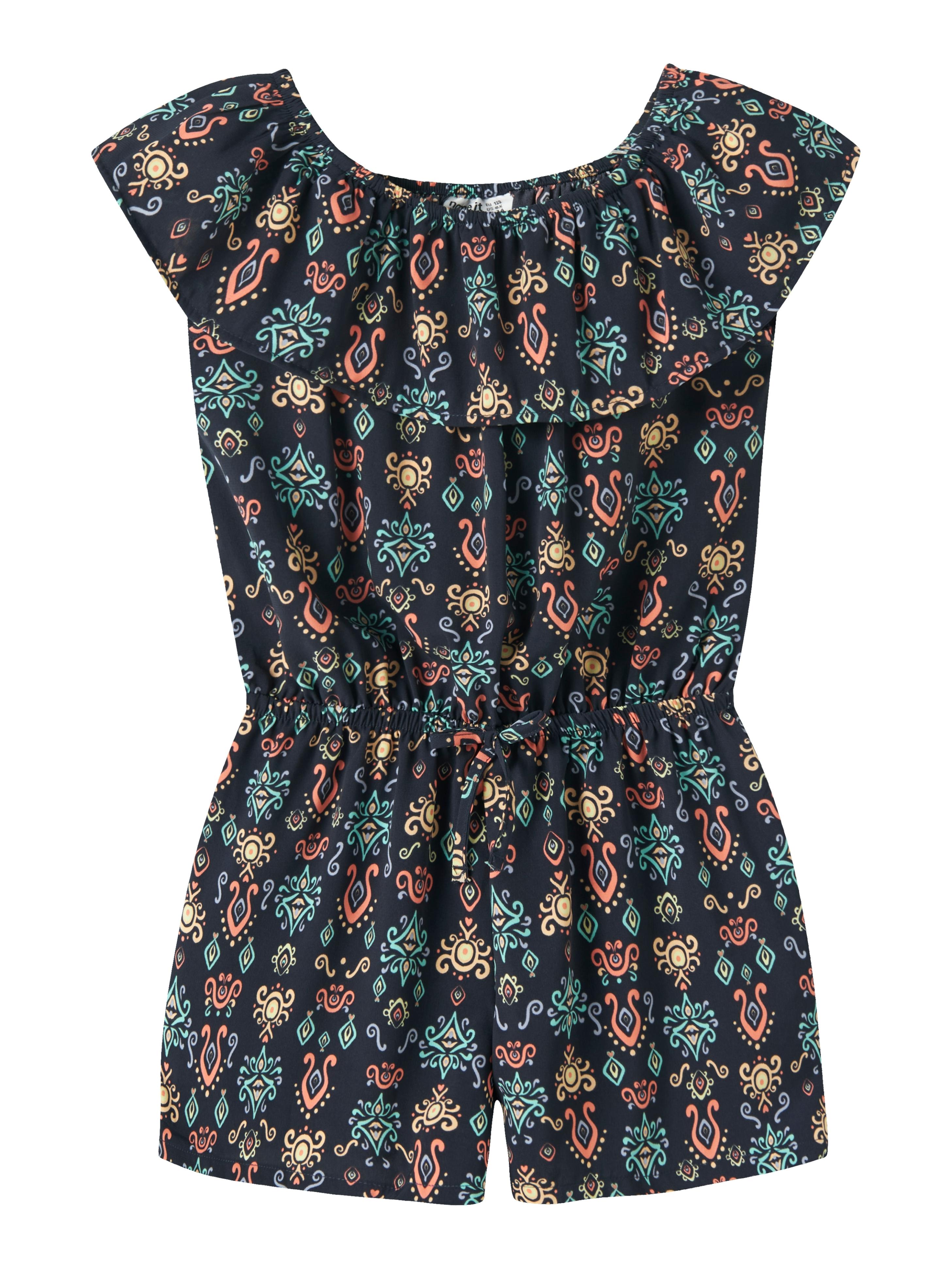 Kurzoverall NAME IT "NKFVINAYA PLAYSUIT FFF", Mädchen, Gr. 116, N-Gr, schwarz sapphire aop:aztec inspirot, Web, Obermaterial: 98% Polyester, 2% Elasthan, bedruckt, regular fit kurz, Carmenausschnitt, Overalls Kurzoverall, Kunstfaser, elastischer Bund, Allover-Druck