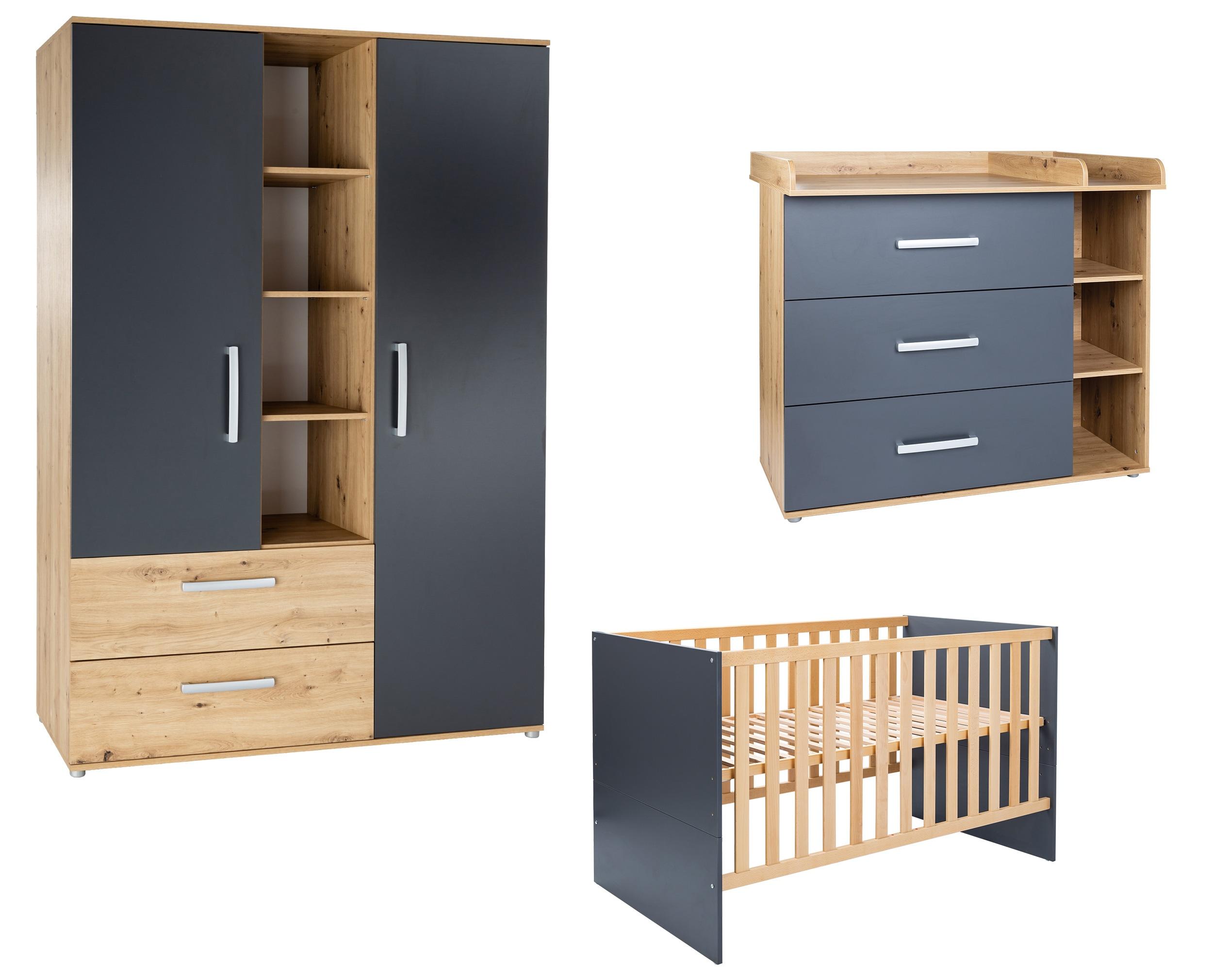 Babyzimmer-Komplettset ARTHUR BERNDT "Babyzimmer-Set »Alessio« 3-teilig, Anthrazit mit Eiche Artisan Dekor", schwarz (artisan, oak, nachbildung, anthrazit), ohne Matratze, B/H: 70cm x 140cm, Hartfaserplatte, Holzwerkstoff, Kunststoff, Massivholz, Schlafzimmermöbel-Sets, Babyzimmer-Komplettset