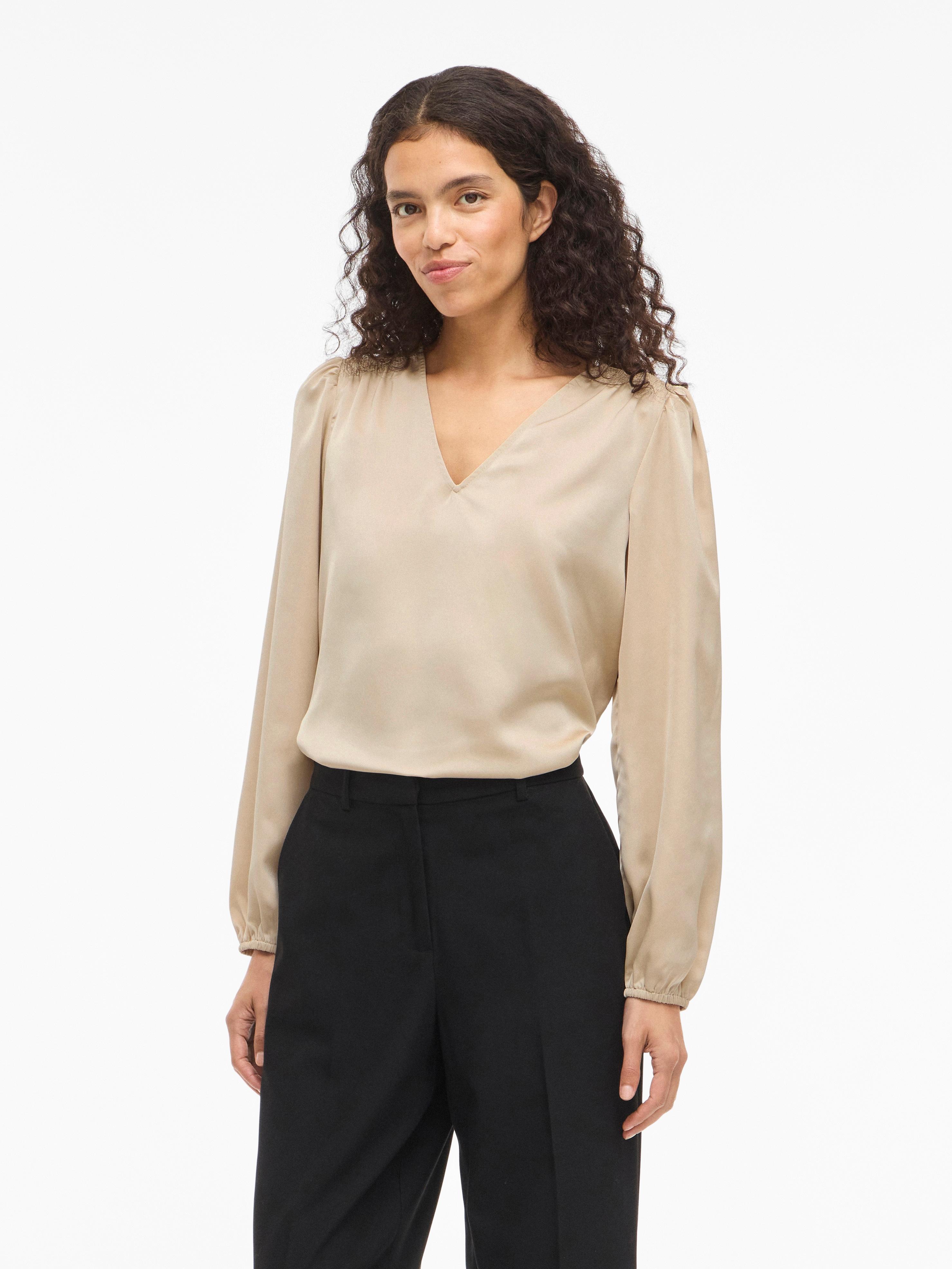 Langarmshirt VILA "VIELLETTE L/S SMOCK SATIN TOP - NOOS", Damen, Gr. 36, cement, Jersey, Obermaterial: 100% Polyester, unifarben, regular fit normal, V-Ausschnitt, Shirts Langarmshirt, Kunstfaser, regular fit
