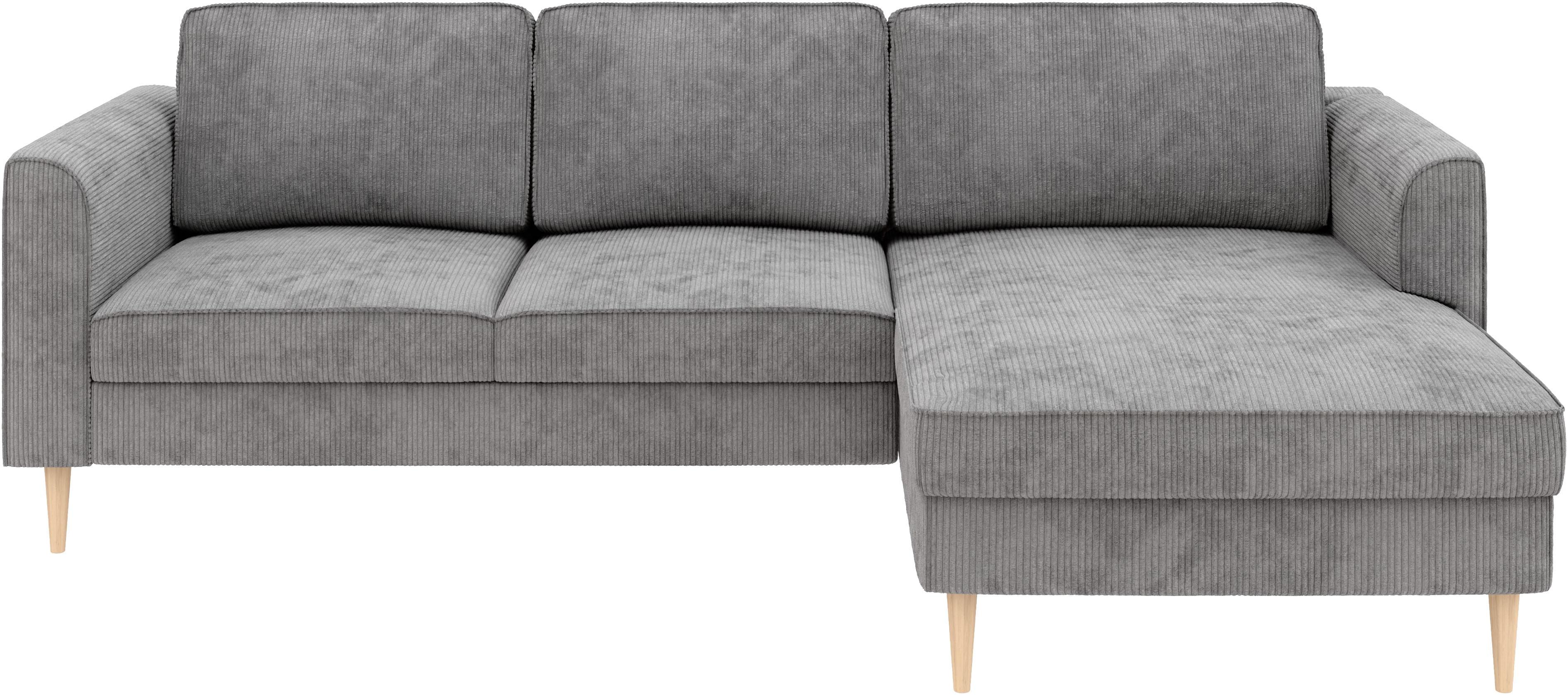 Ecksofa HOME AFFAIRE "Booster, whlw. mit Schlaffunktion & Bettkasten, Fuß Buche lackiert", betongrau, B:232cm H:83cm T:161cm, 92% Polyester, 8% Polyamid, Sofas, Ecksofa, Recamiere beidseitig montierbar, L-Form, in Cord & Struktur, B: 232 cm