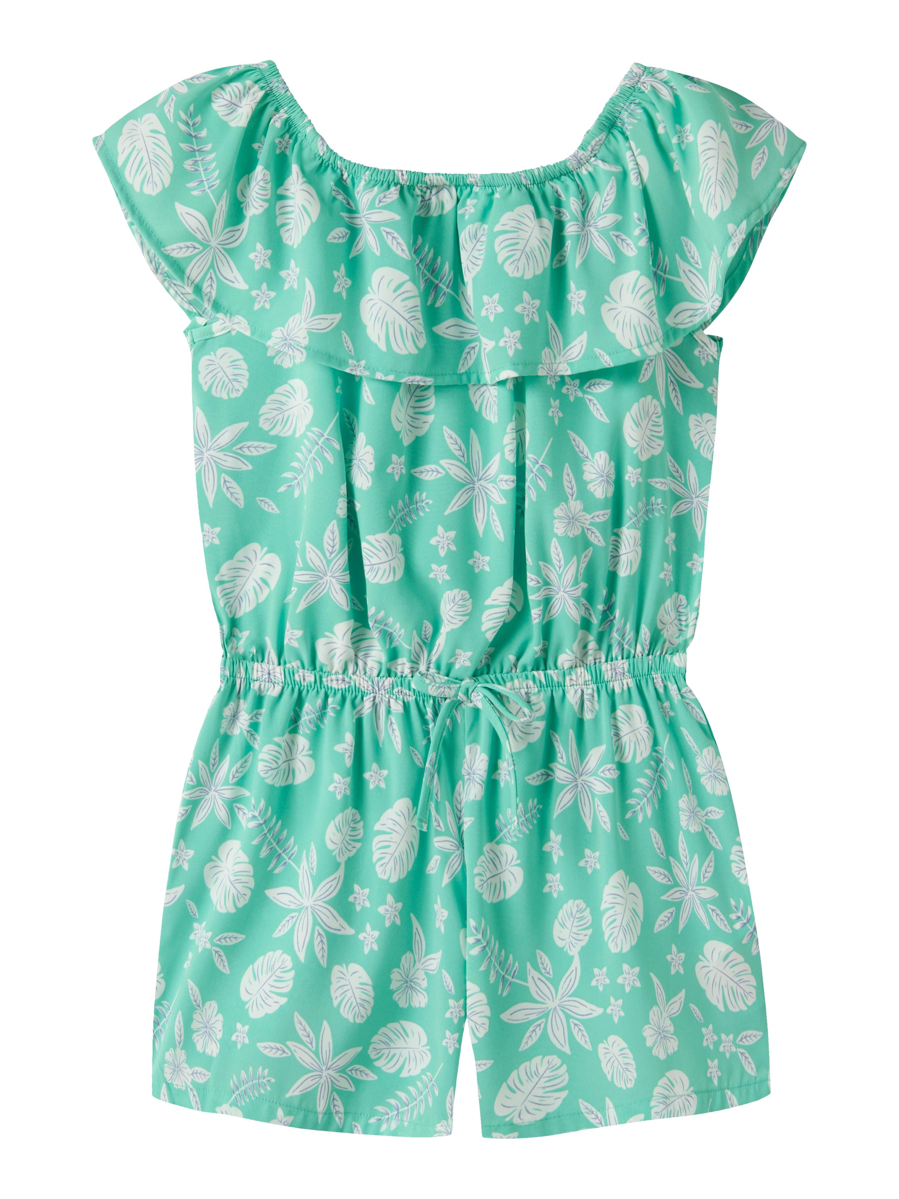 Kurzoverall NAME IT "NKFVINAYA PLAYSUIT FFF", Mädchen, Gr. 128, N-Gr, bermuda aop:tropical, Web, Obermaterial: 98% Polyester, 2% Elasthan, bedruckt, regular fit kurz, Carmenausschnitt, Overalls Kurzoverall, Kunstfaser, elastischer Bund, Allover-Druck