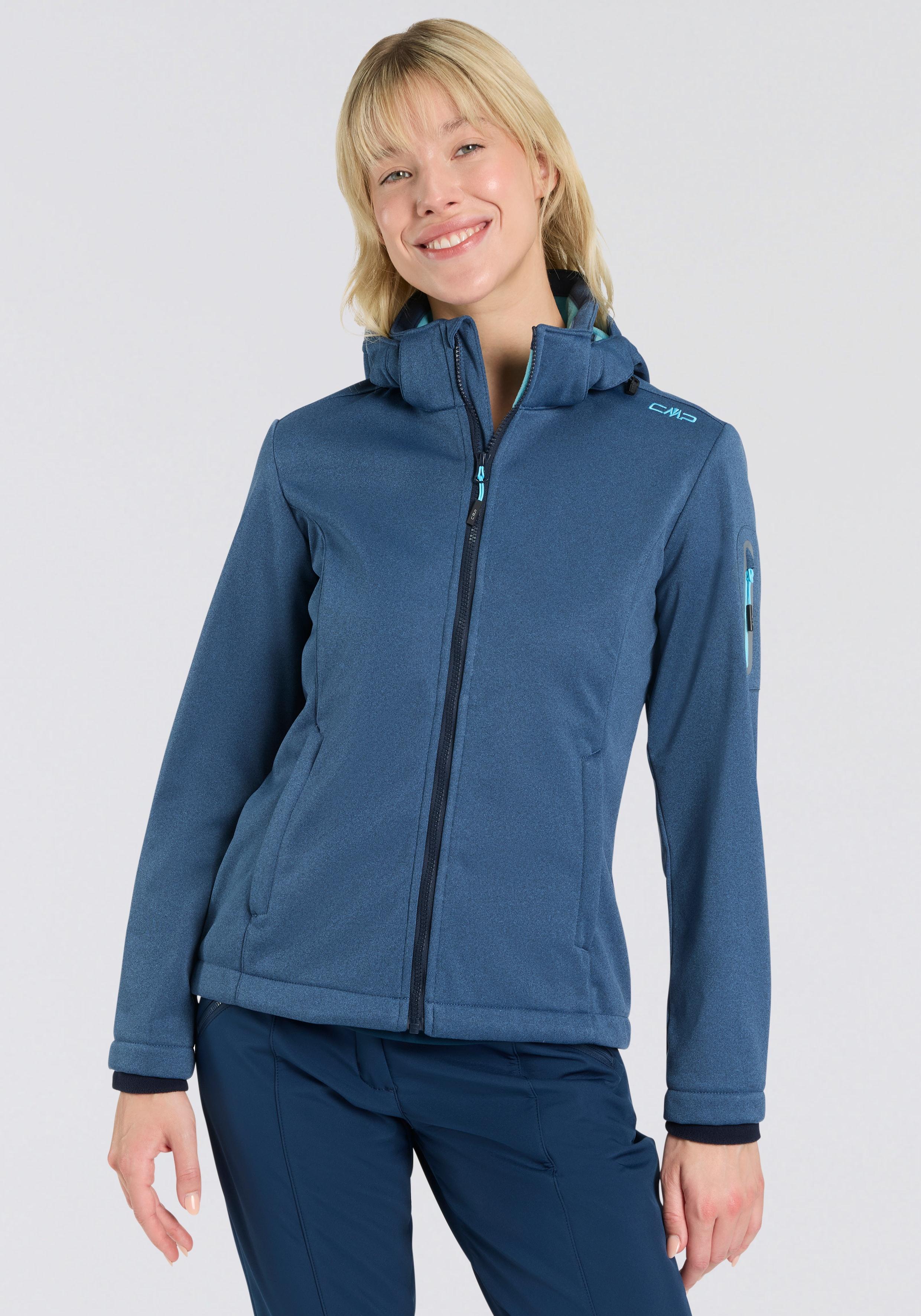 Softshelljacke CMP "WOMAN JACKET ZIP HOOD", Damen, Gr. 36, blau (blau ink meliert), Softshell, Obermaterial: 100% Polyester, normal, hoch geschlossener Ausschnitt, mit Windstopper, Jacken Softshelljacke, sportlicher Stil, mit abnehmbarer Kapuze, wasserdicht, atmungsaktiv