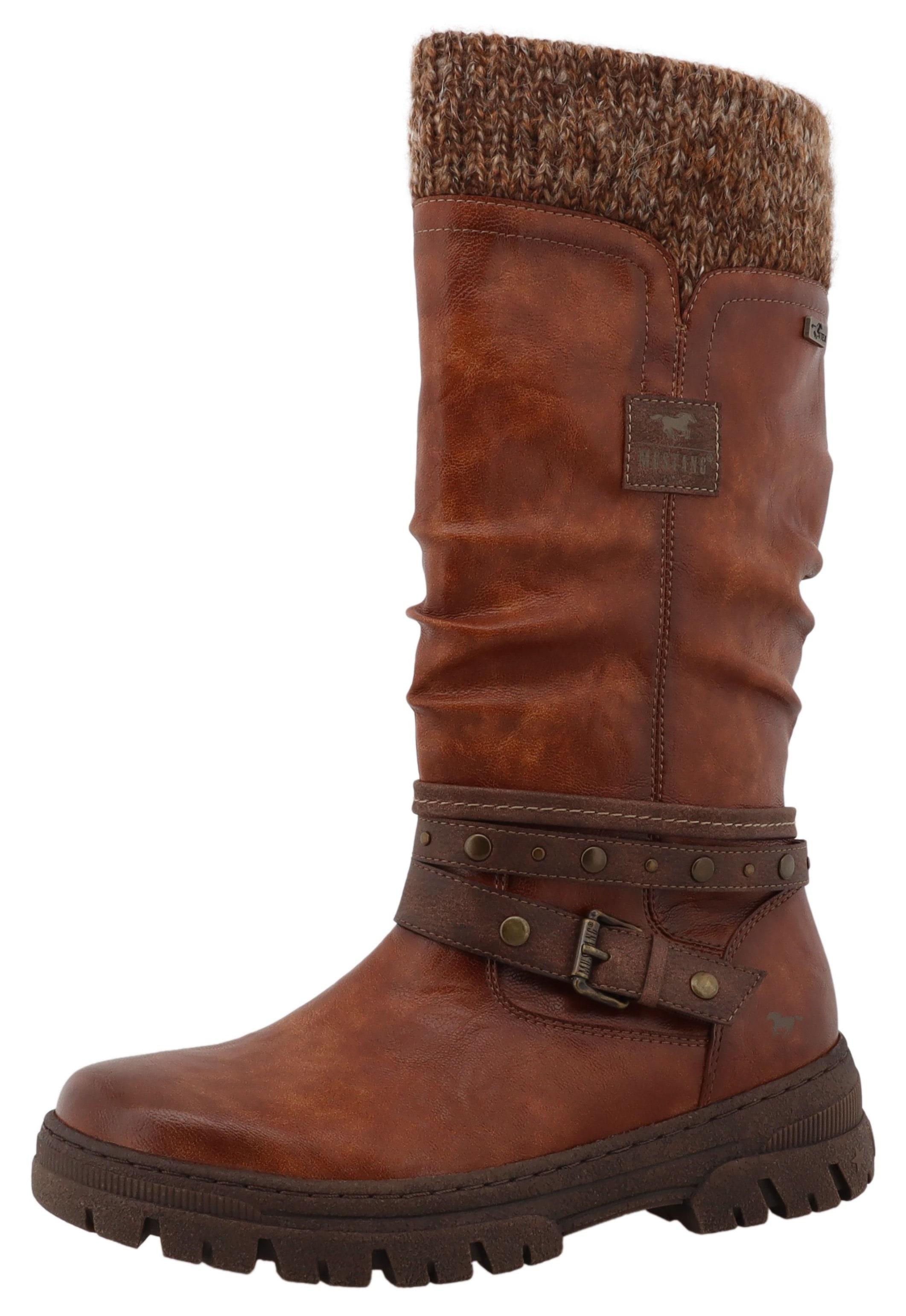 Winterstiefel MUSTANG SHOES "Tabitha", Damen, Gr. 38, Normalschaft, braun (cognac), Lederimitat, Textil, used, Schuhe Winterstiefel, Stiefel mit Zierriemchen und Blockabsatz