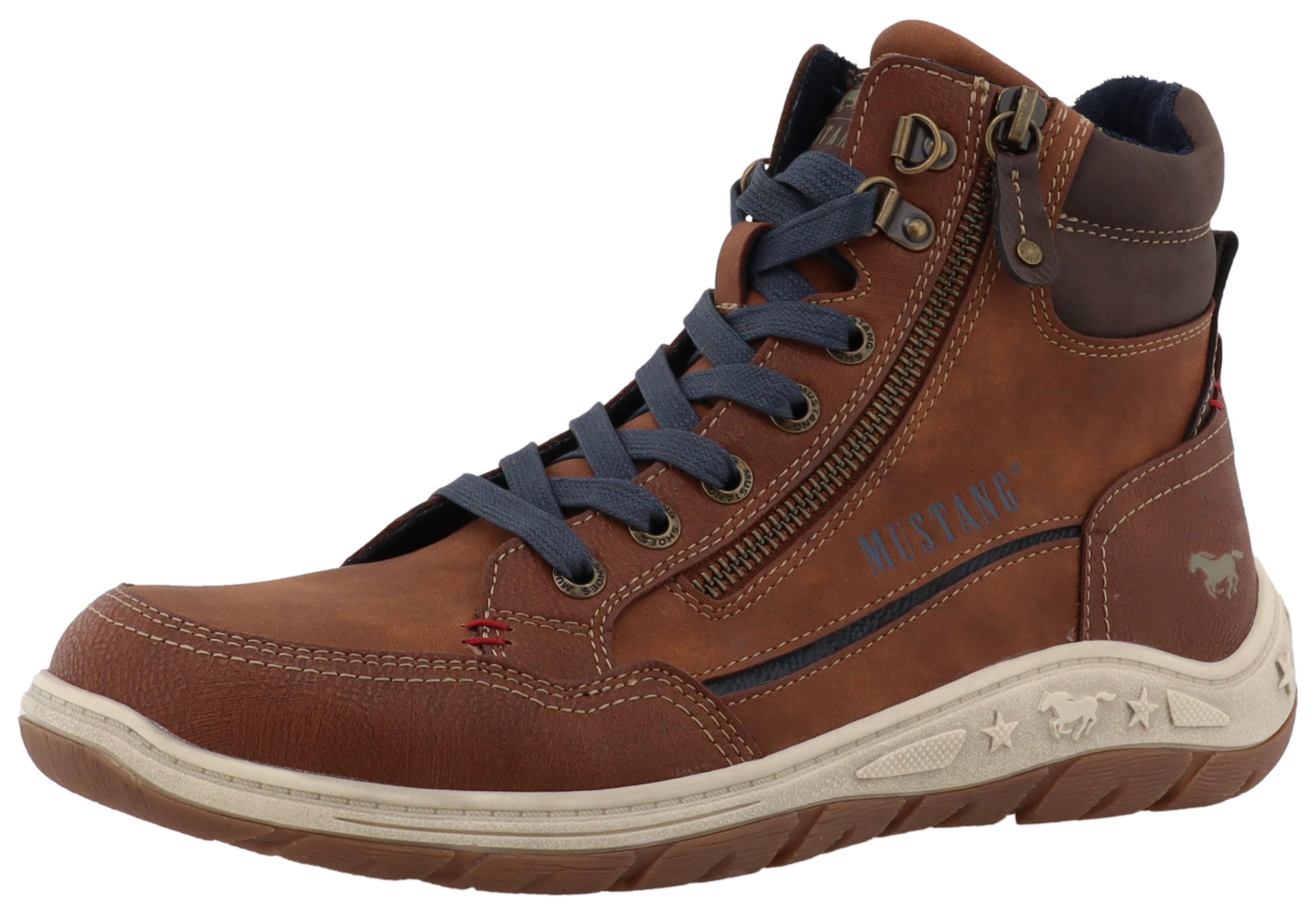 Schnürboots MUSTANG SHOES "Benedetto", Herren, Gr. 40, braun (cognac), Lederimitat, Basic, Schuhe Schnürboots, High Top Sneaker, Schnürboots mit Reißverschluss